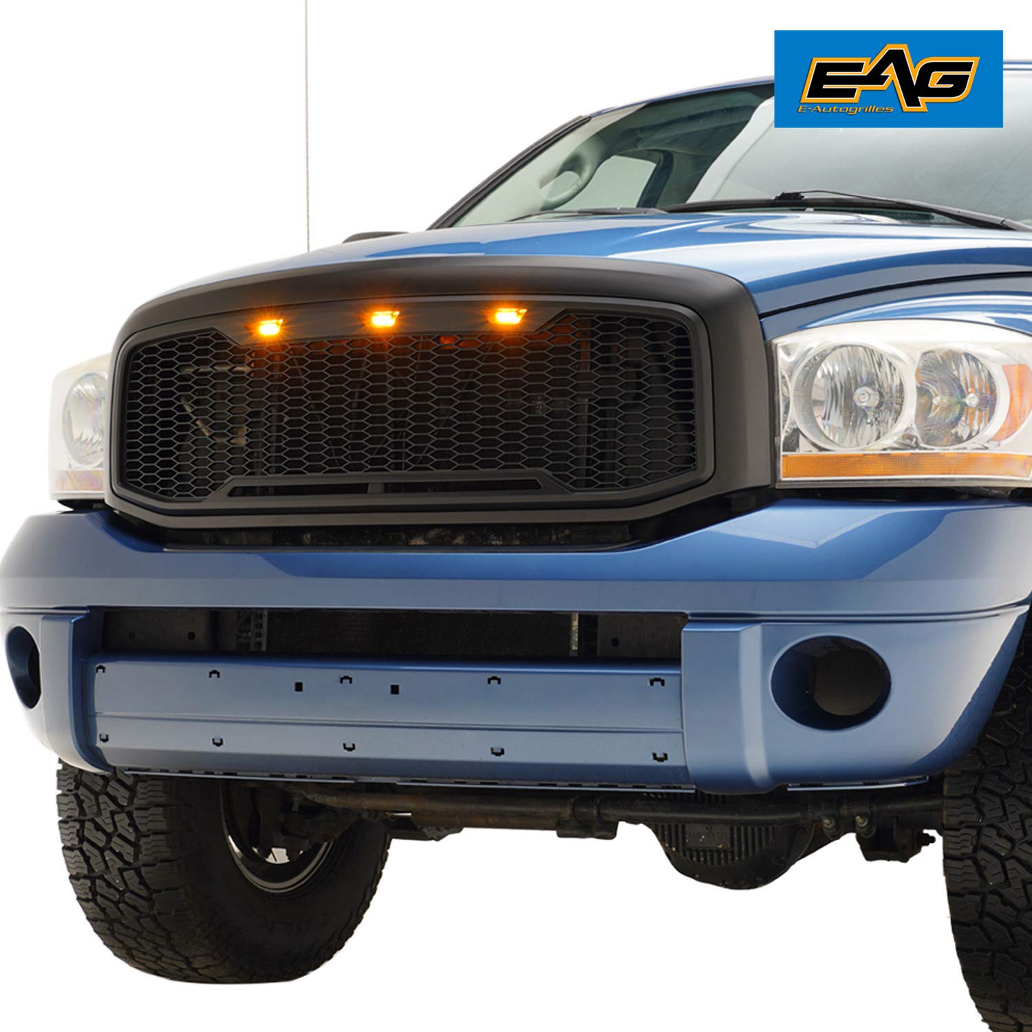 EAG Replacement Upper ABS Grille with Amber LED Lights - Matte Black for 06-08 Dodge Ram 1500 & 06-09 Dodge Ram 2500/3500 | Off-Road Style Upgrade & Enhanced Night Visibility