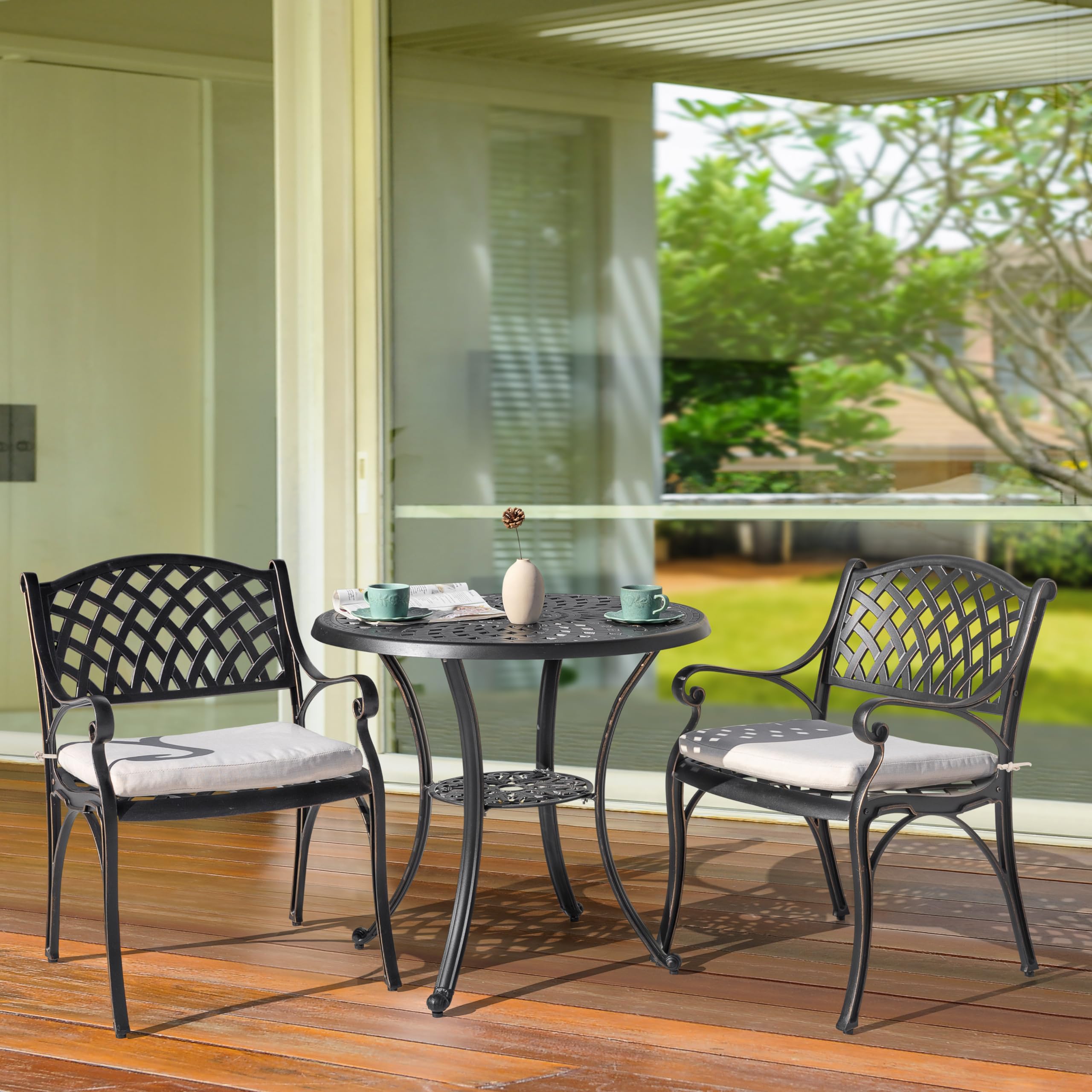 NUU GARDEN 3-Piece Outdoor Bistro Set - Rustproof Cast Aluminum Patio Table & Chairs with Umbrella Hole & Beige Cushions - Perfect for Backyard, Balcony, Front Porch, Garden or Poolside Dining - Black