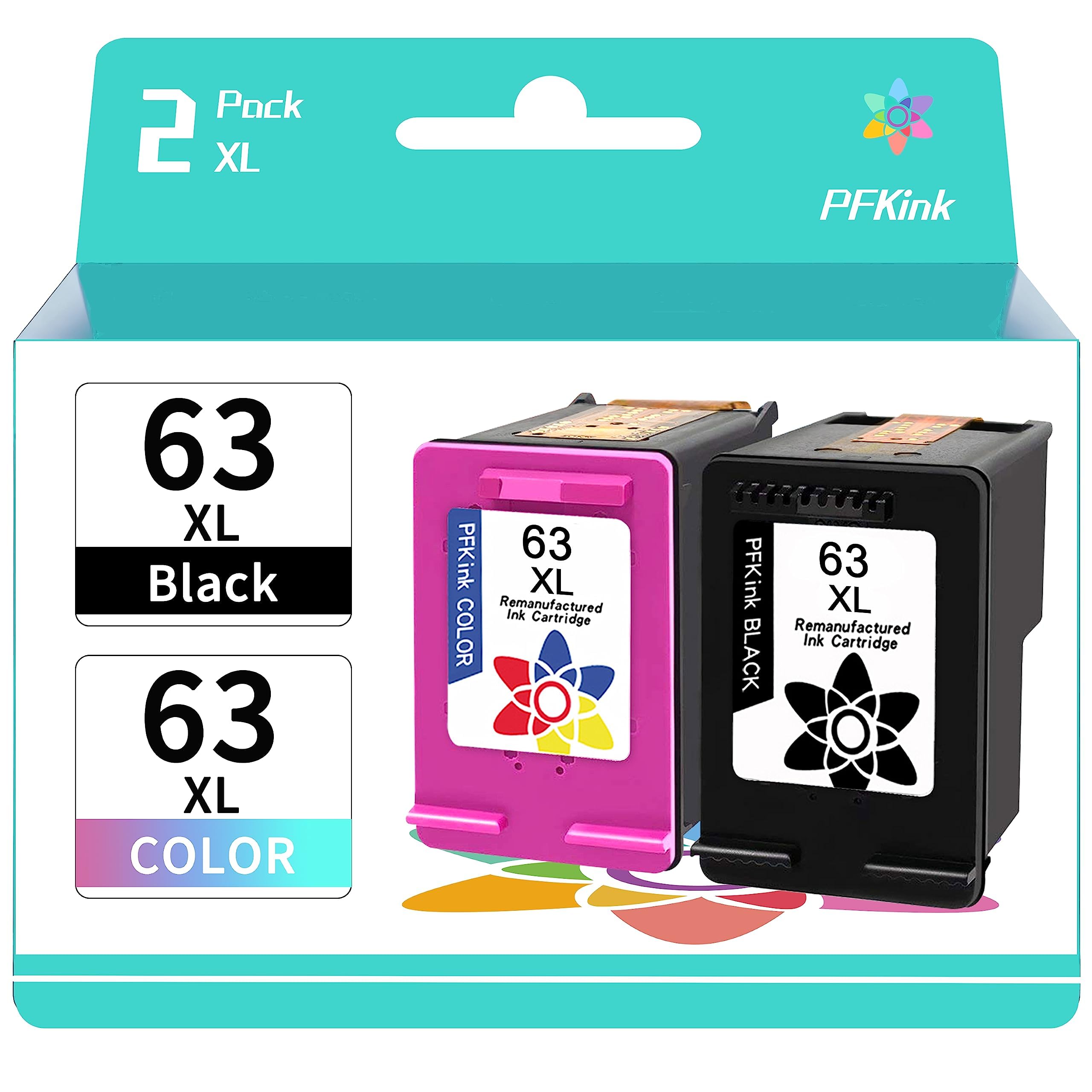 High-Quality Remanufactured HP 63 & 63XL Ink Cartridge Replacement - Compatible with Envy 4520/4512/4516, Officejet 5252/3830/3833/4655/5255, Deskjet 1112/2130/3630/3634 Printers (1 Black + 1 Color) - Perfect for Home Office Printing & School Projects