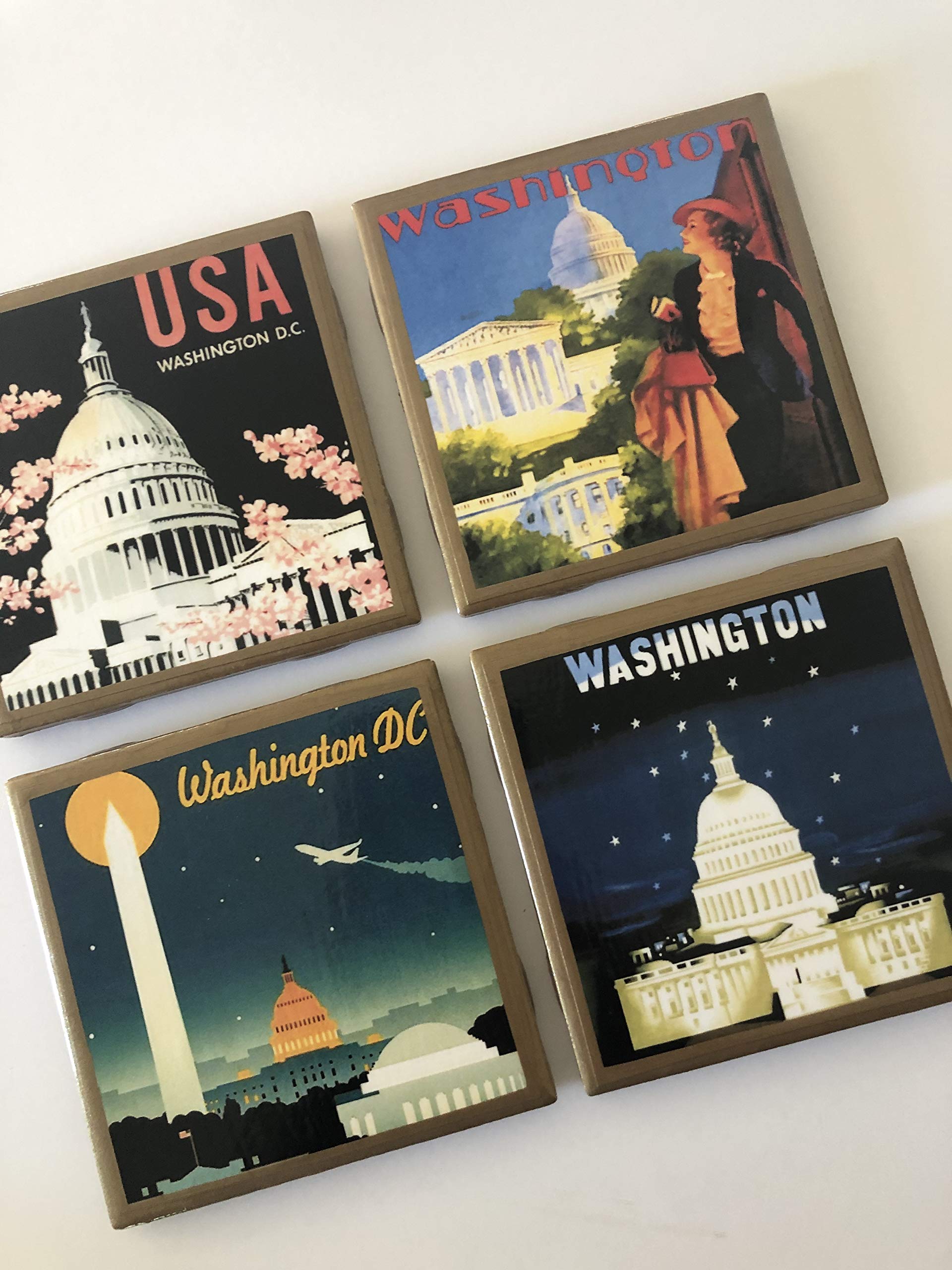 Vintage Washington DC Travel Poster Coasters with Gold Trim - Set of 4 Premium Drink Coasters for Home Bar, Office, or Gift