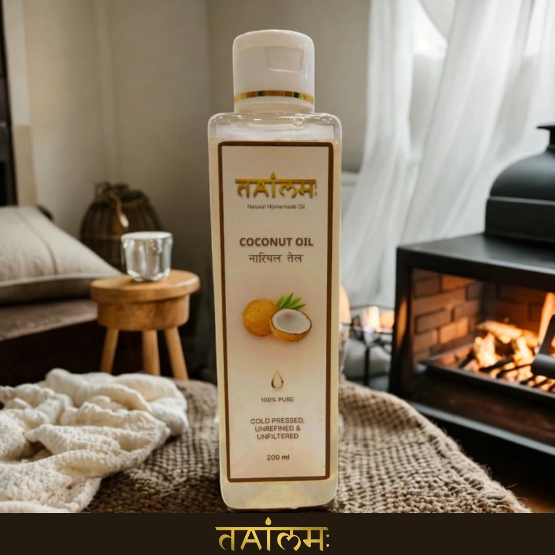 Pure Cold Pressed Coconut Oil for Hair & Skin Care - Non-Sticky, Natural Moisturizer for Baby Massage & Daily Use | 200ml | Hydrating for Dry Skin, Hair Treatment, Aromatherapy & Cooking