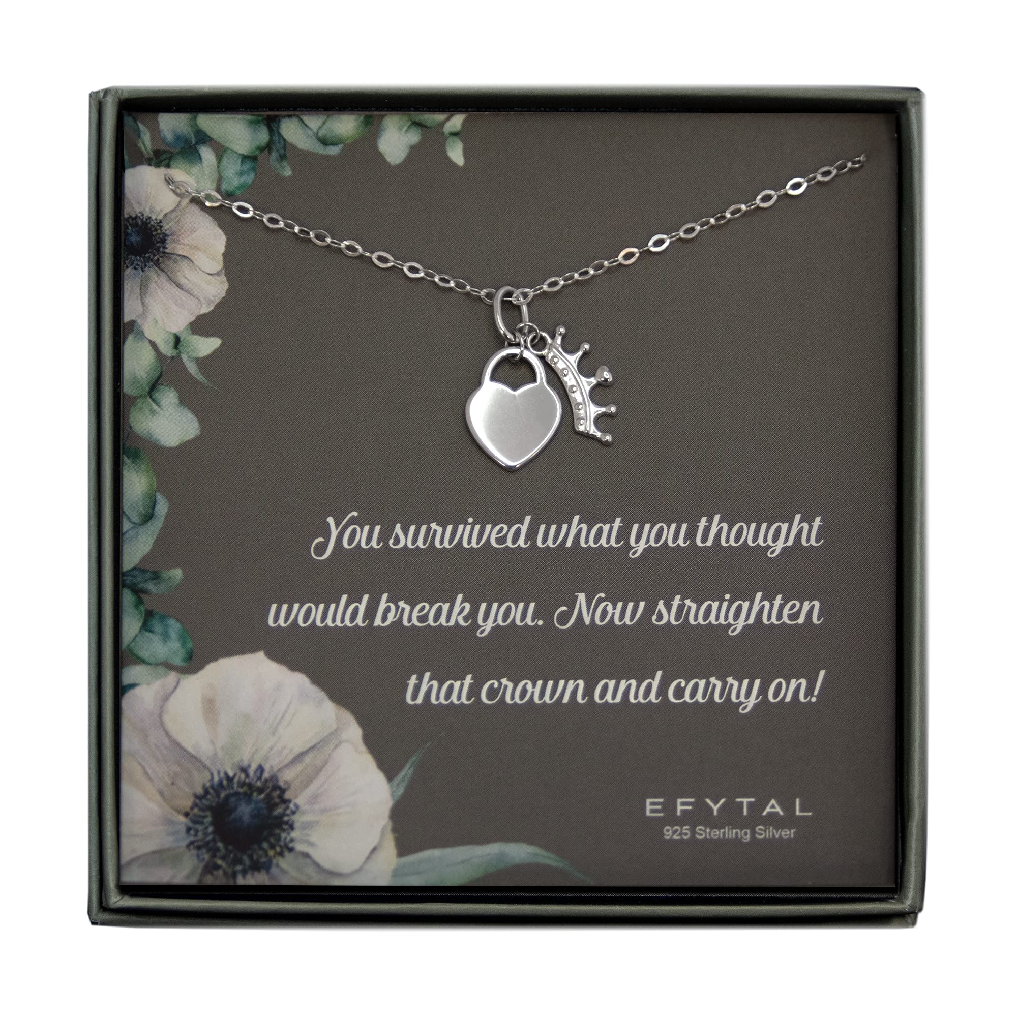 EFYTAL 925 Sterling Silver Heart & Crown Necklace - Motivational Get Well Gift for Women, Strength Encouragement Jewelry with Message Card - Perfect for Recovery, Friendship & Inspirational Gifts (Birthday, Anniversary, Christmas)