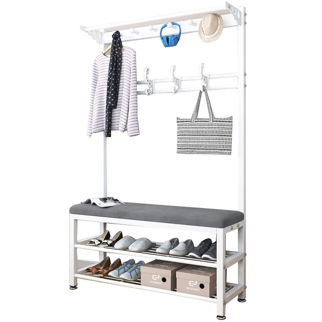 3-in-1 Entryway Hall Tree Coat Rack with Shoe Storage Bench - 10 Hooks & 2-Tier Metal Frame - Multifunctional Hallway Organizer (White/Grey, 100x33x170cm) - Perfect for Small Spaces, Mudrooms & Apartment Entryways - Easy Assembly
