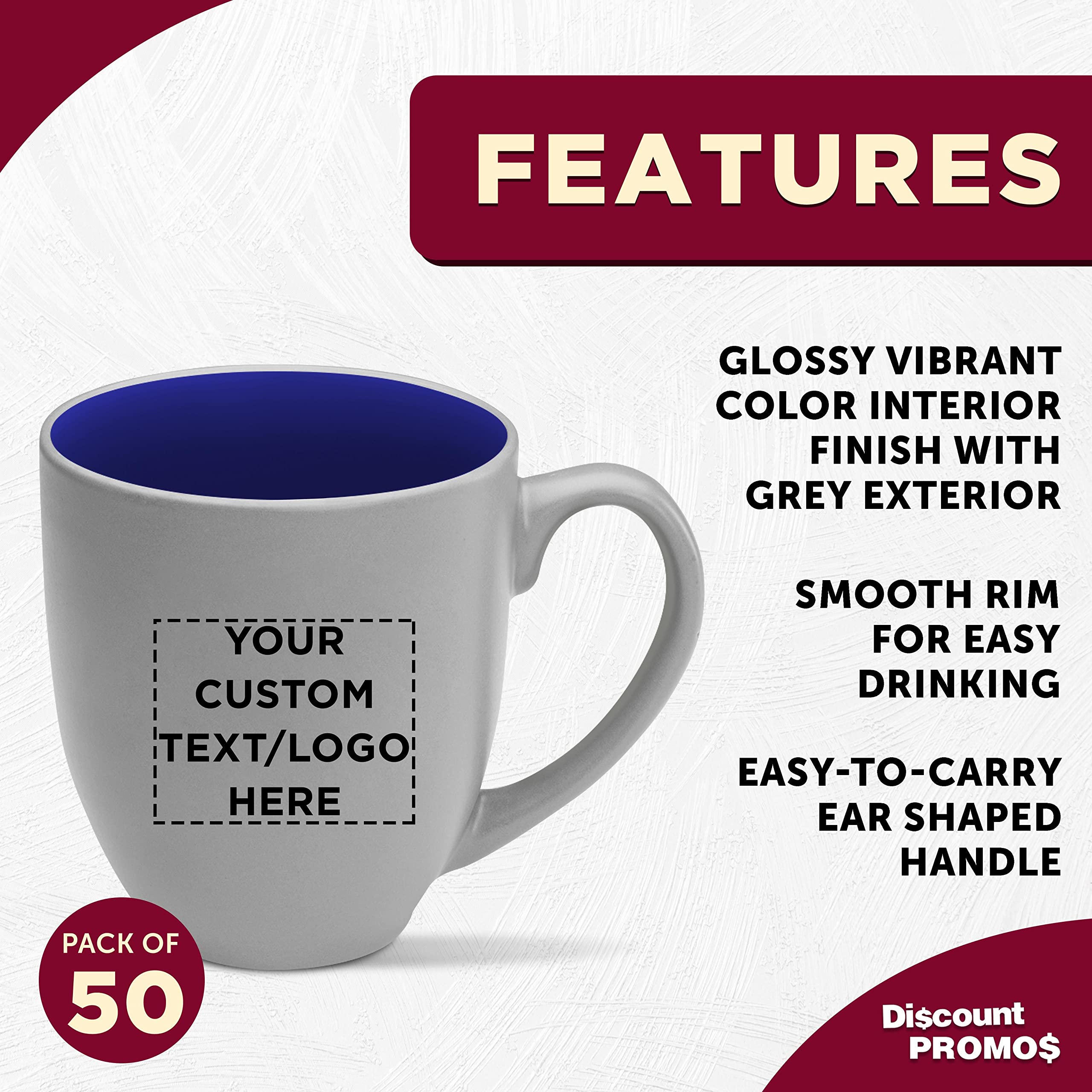 Customized 16oz Two-Tone Coffee Mugs Bulk Set of 50 - Personalized Pop-Out Bistro Mugs for Coffee, Hot Chocolate & Beverages - Blue - Ideal for Cafes, Restaurants, Corporate Gifts & Events