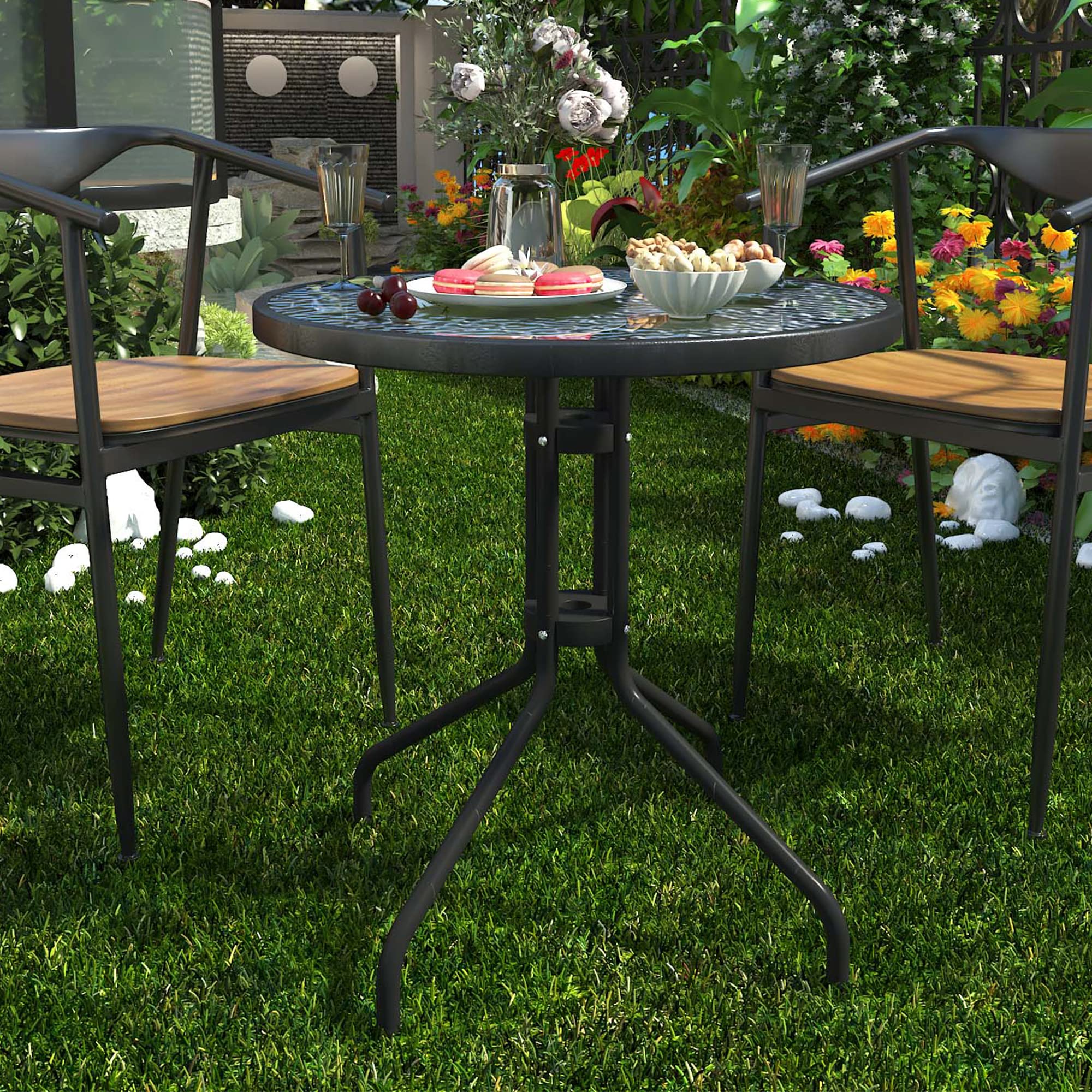 24 Inch Round Tempered Glass Patio Table - Outdoor Bistro Side Coffee Table for Backyard, Lawn, Balcony & Pool - Durable Garden Furniture for Dining, Relaxing & Entertaining