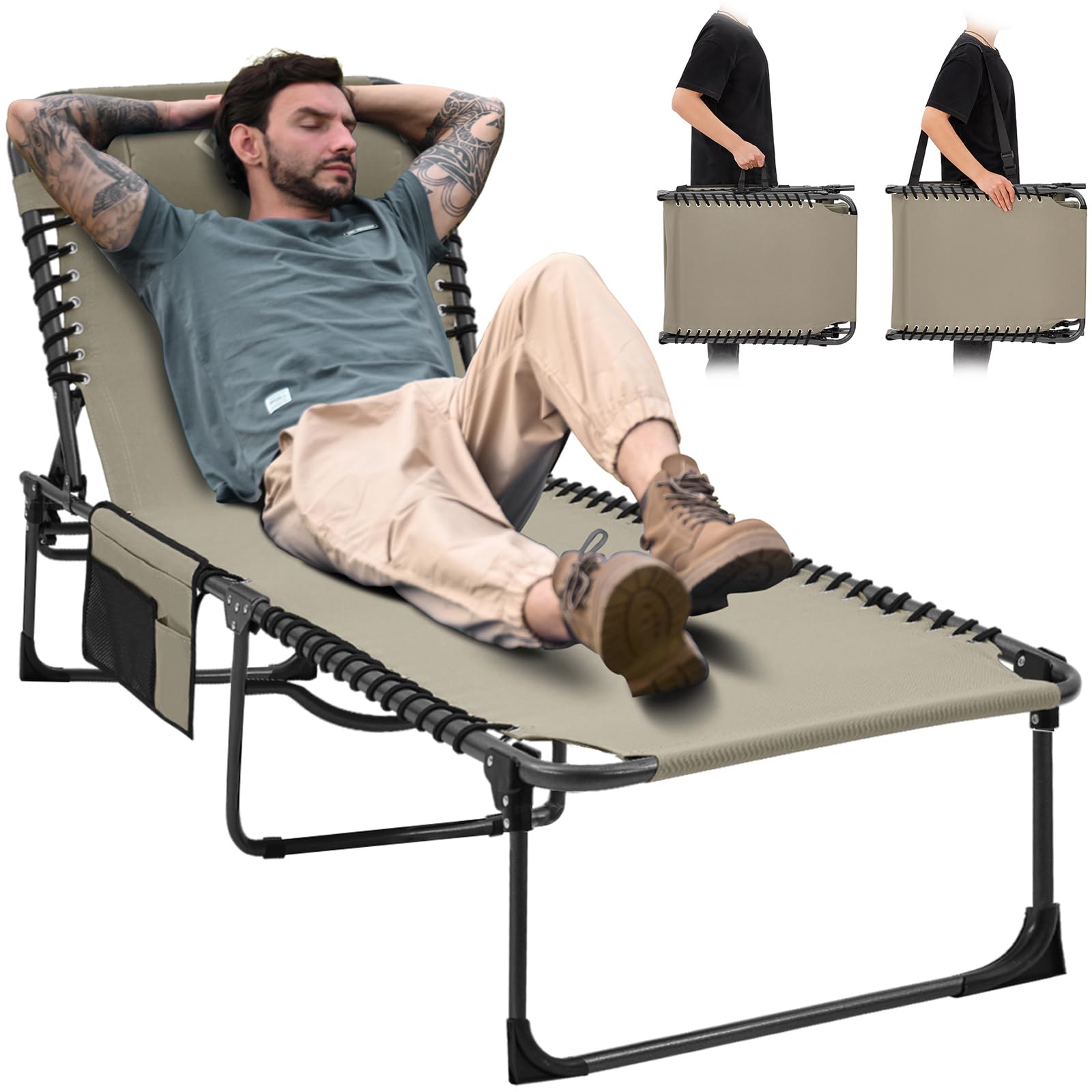 KingCamp Folding Adjustable Patio Chaise Lounge Chair for Outdoor, Pool, Beach, Sunbathing – Heavy Duty Portable Reclining Camping Cot with Pillow – Perfect for Backyard, Deck, Lawn, and Travel