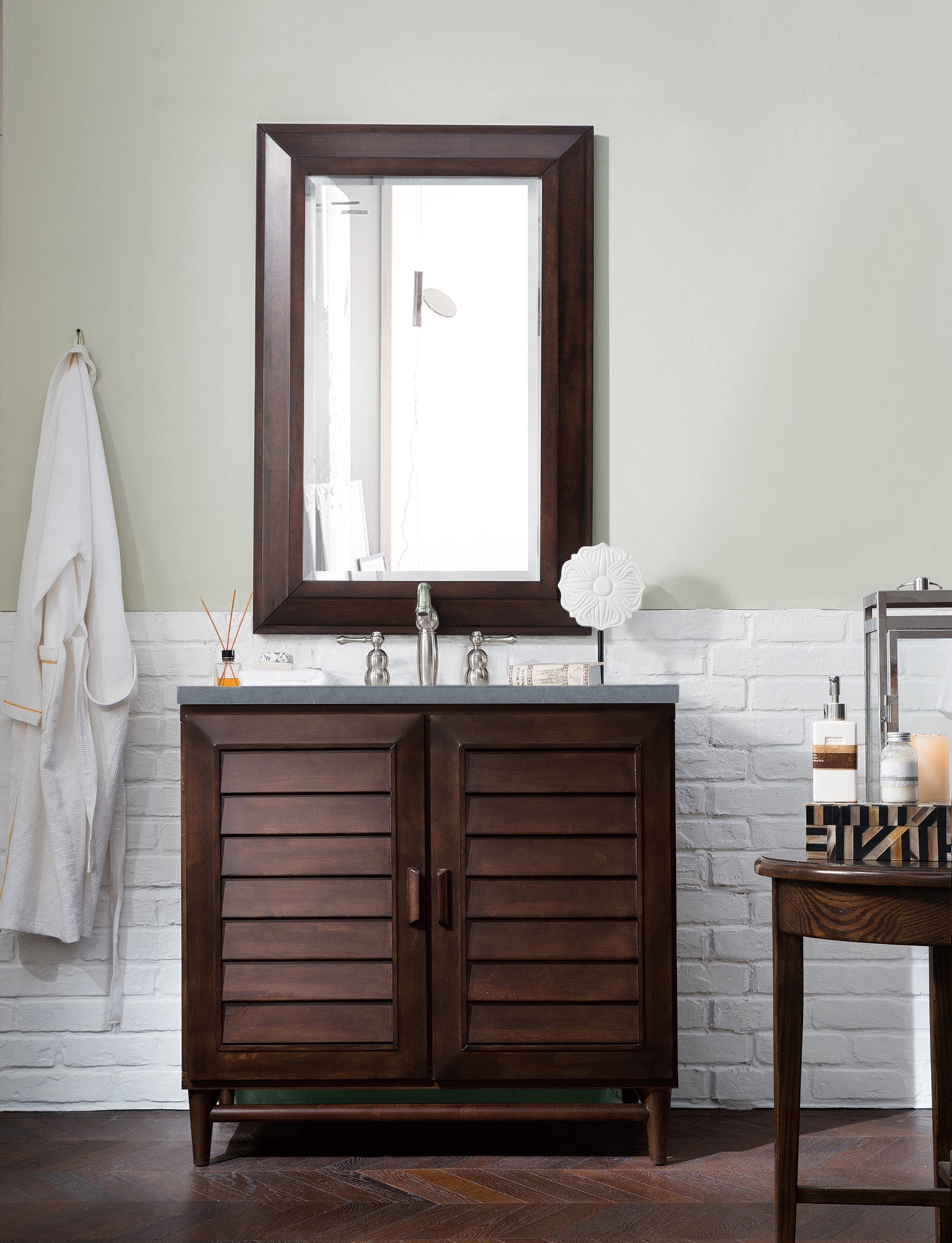 Portland 36 Inch Single Bathroom Vanity with Burnished Mahogany Finish & 3CM Charcoal Soapstone Quartz Countertop - Perfect for Modern Master Bathrooms and Powder Rooms