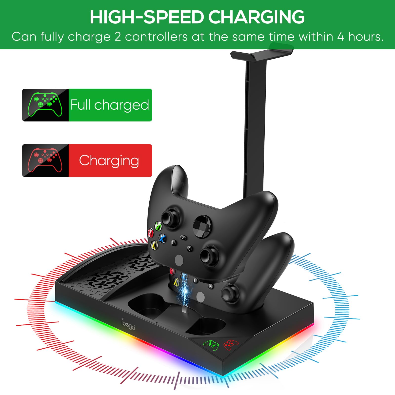 Xbox Series S Charging & Cooling Fan Stand - Dual Controller Charger Station with 15 LED Light Modes, Headset Hook & USB C Cable - 1400mAh Battery Cooler System for XSS (Black) | Perfect for Gaming Sessions & Console Protection