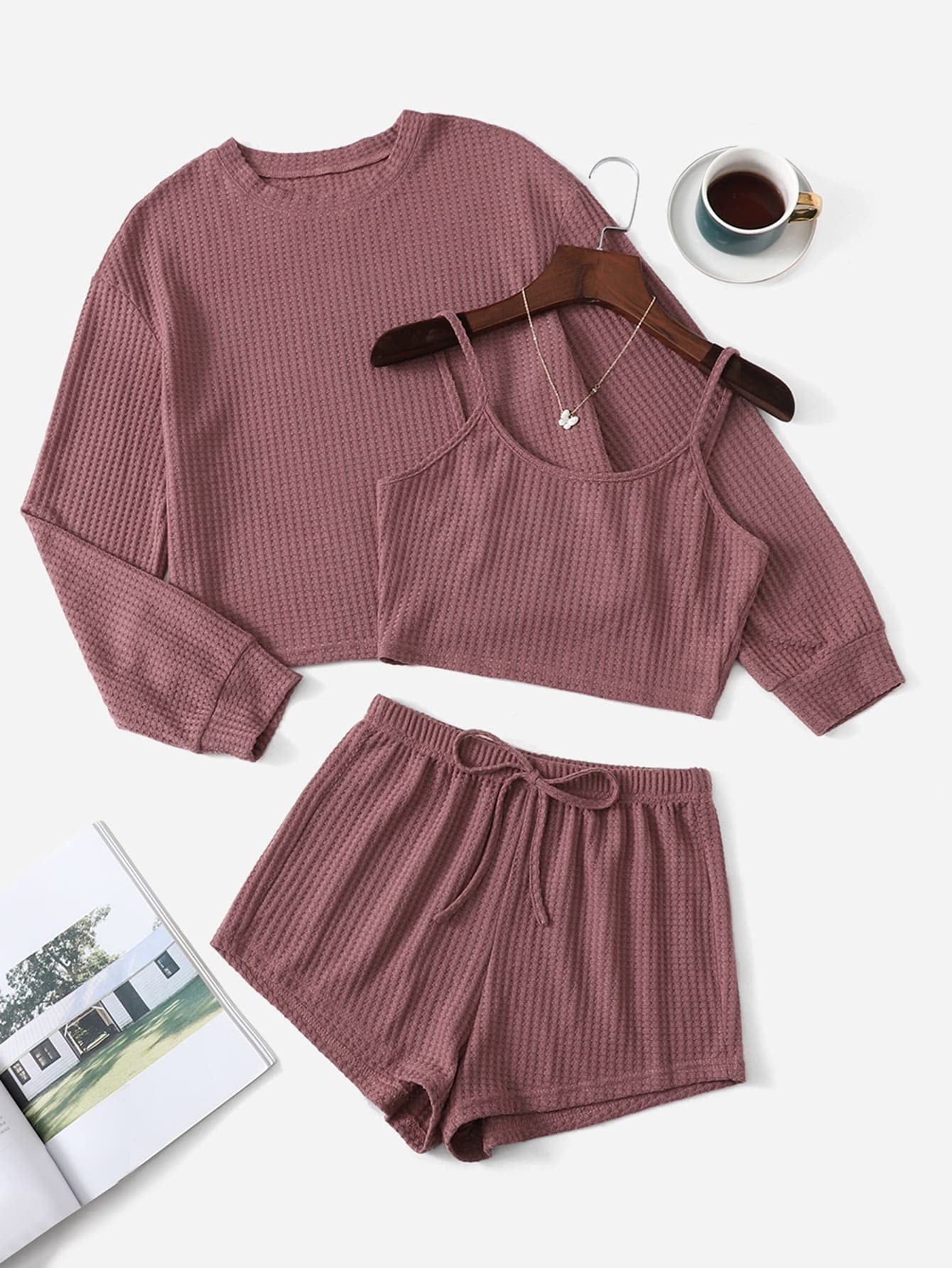 COZYEASE Women's 3-Piece Lounge Set - Ribbed Knit Cami Top, Long Sleeve Tee & Shorts Pajama Set | Soft Sleepwear for Home, Travel & Relaxation
