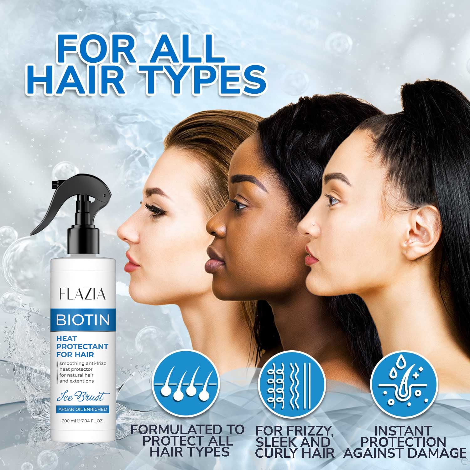 Flazia Ice Blast Heat Protection Spray for Hair Straightening - Sulfate & Paraben Free (200ml) - Thermal Shield for Men & Women - Perfect for Styling, Blow Drying & Flat Ironing
