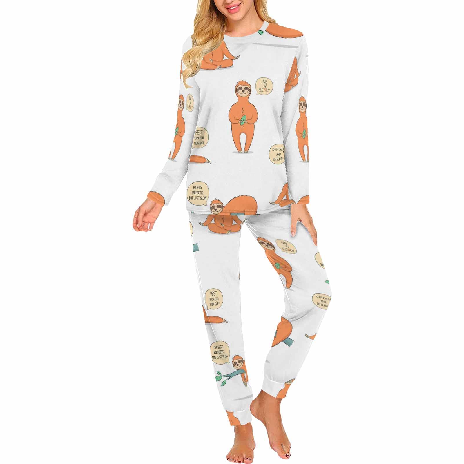 Cartoon Sloth 2-Piece Sleepwear Set for Women - Soft Long Sleeve Pajamas & Lounge Wear - Cozy Nightwear for Relaxing at Home or Sleepovers