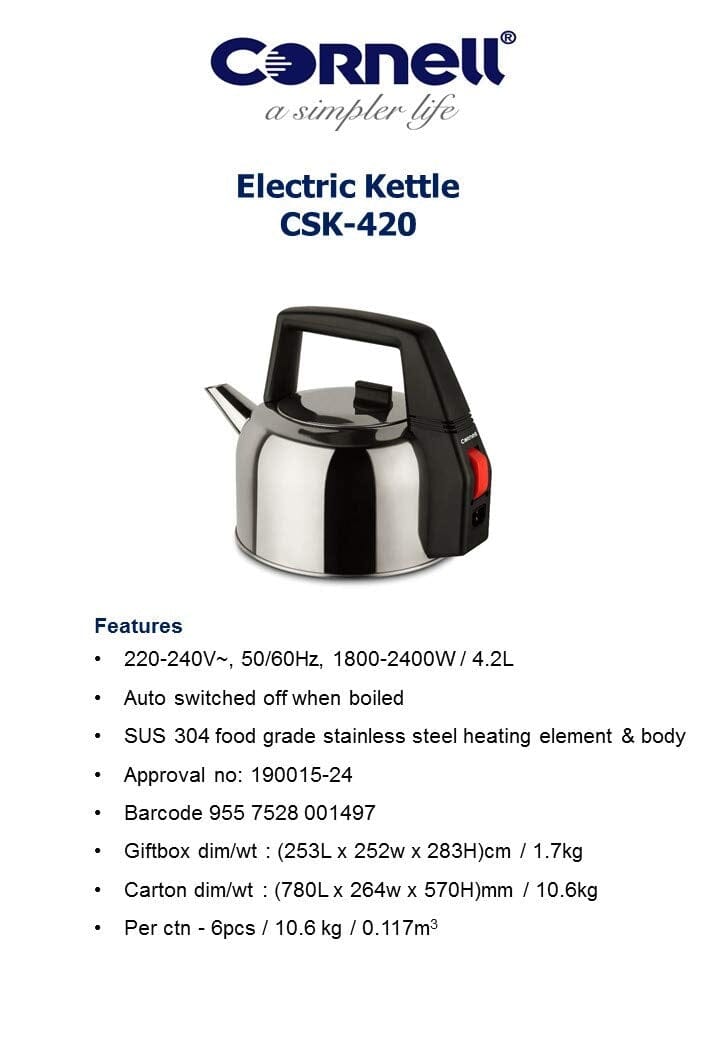 Cornell 4.2L (18 Cup) Food Grade Stainless Steel Tea Kettle with Whistle - Perfect for Boiling Water, Making Tea & Coffee for Home, Office or Camping Use
