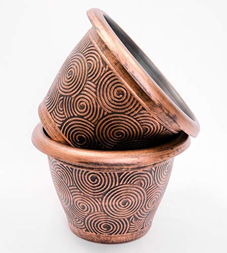2 Pack Round Geometric Plastic Planters 10X7 Inches - Indoor Outdoor Decorative Flower Pots for Garden, Patio, Nursery, Office & Home Decor (Concentric Circles, Copper Finish) | Perfect for Succulents, Herbs & Small Plants
