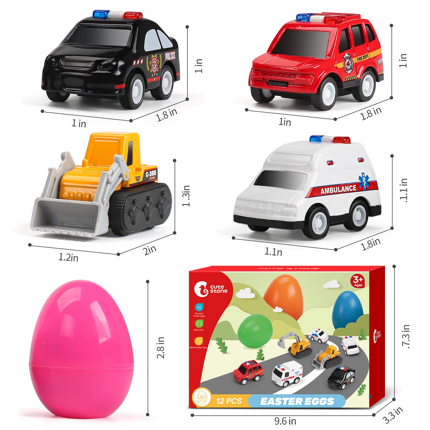 12 Pack Filled Easter Eggs with Alloy Pull Back Cars - Easter Basket Stuffers & Party Favors for Kids - Fun Easter Egg Hunt Toys & Gift Ideas for Boys Girls Toddlers
