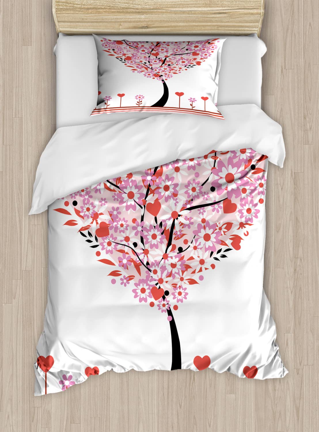 Ambesonne Valentine Duvet Cover Set - Romantic Heart Tree with Red Leaves & Wildflowers Design, 2-Piece Twin Size Bedding Set with 2 Pillowcases | Perfect for Couples Bedroom, Valentine's Day Gift & Cozy Home Decor