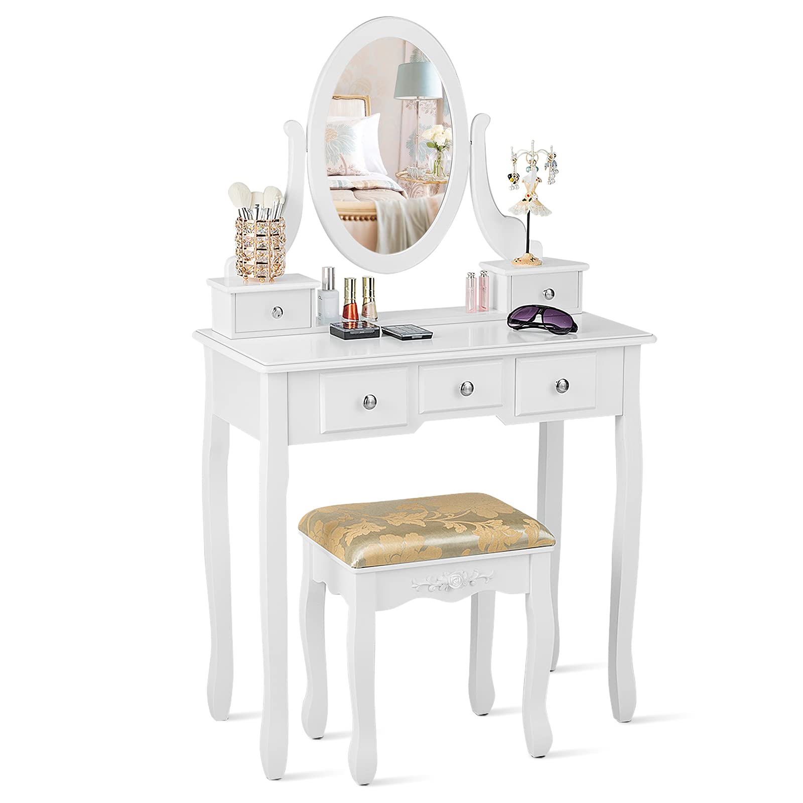 CHARMAID Vanity Table Set with Rotatable Oval Mirror & 5 Drawers - White Dressing Table with Cushioned Stool for Women & Girls | Perfect for Bedroom Makeup, Beauty Organization & Home Decor