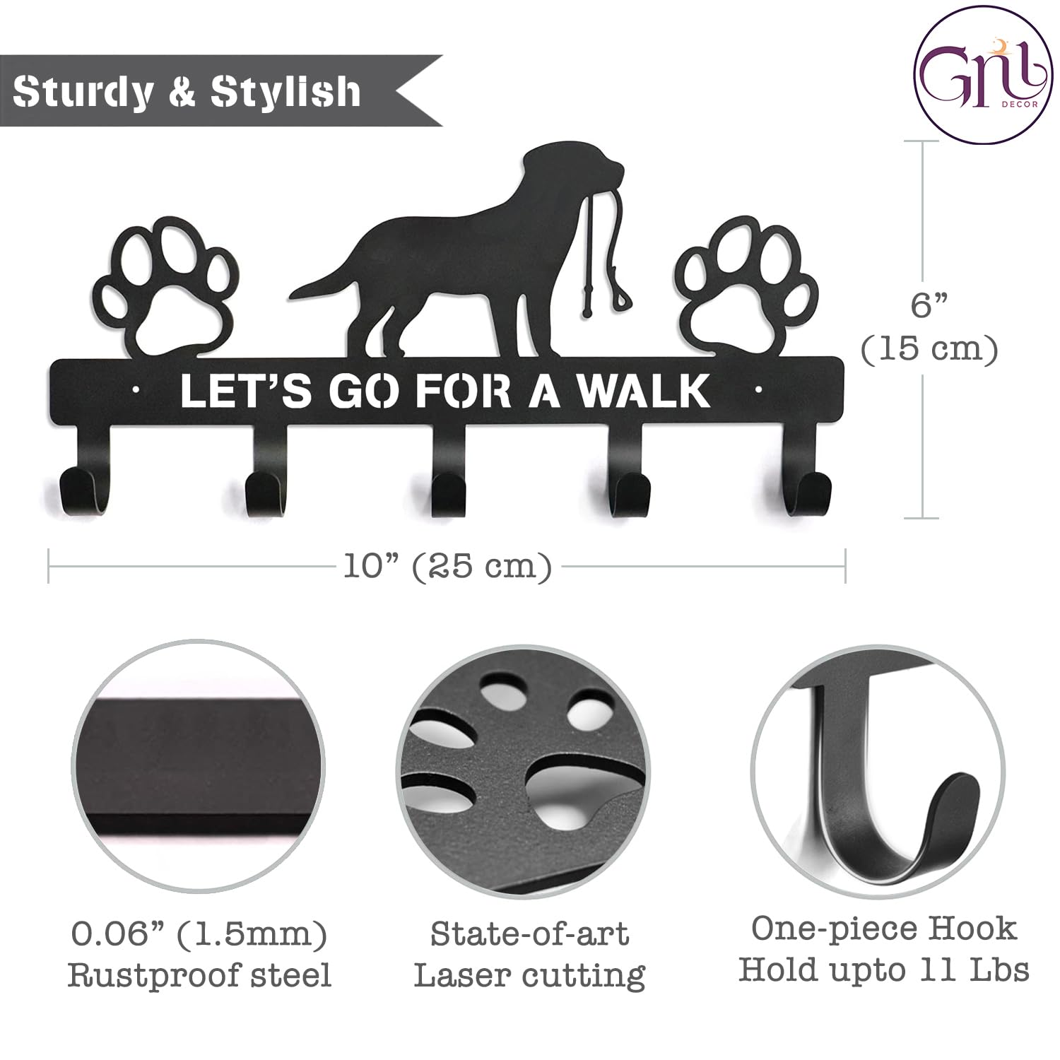GNL Wall Mounted Dog Leash Holder & Key Rack - Durable Leash Hooks for Dog Walking Accessories - Decorative Gift for Dog Lovers & Pet Owners - Perfect for Entryway, Mudroom or Garage Organization