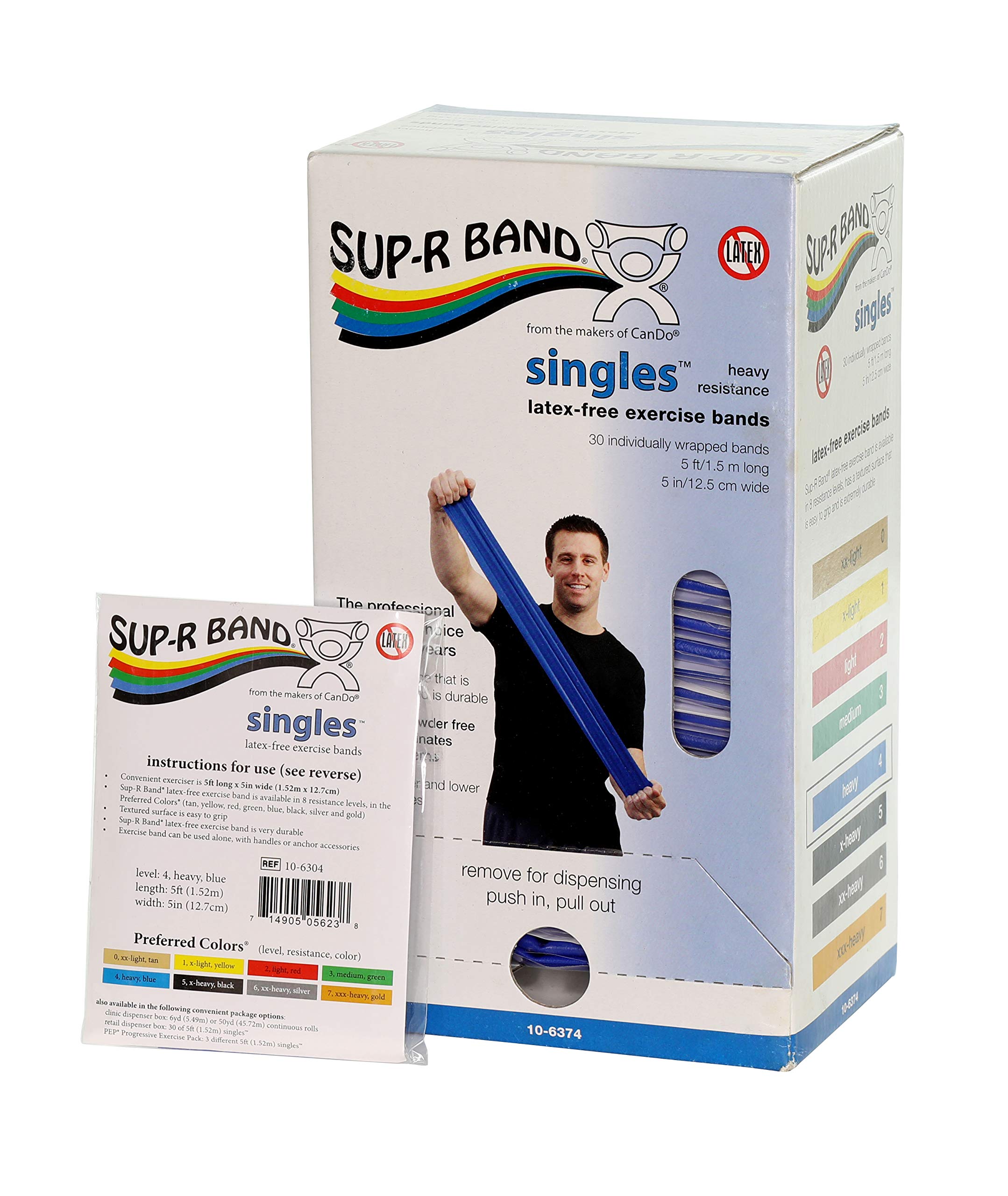 CanDo 10-6374 Sup-R Band - Latex-Free Exercise Resistance Bands, 5' Length, 30-Piece Set with Dispenser (Blue) - Perfect for Home Workouts, Physical Therapy & Strength Training