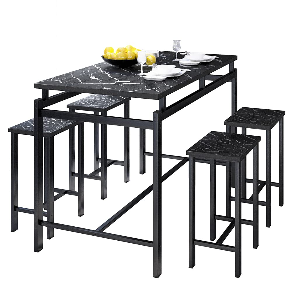 5-Piece Counter Height Dining Table Set for 4 - Small Space Kitchen & Bar Table with Chairs - Pub Restaurant Breakfast Nook Furniture (Black Statuario Marble) - Perfect for Apartments, Small Kitchens & Compact Dining Areas
