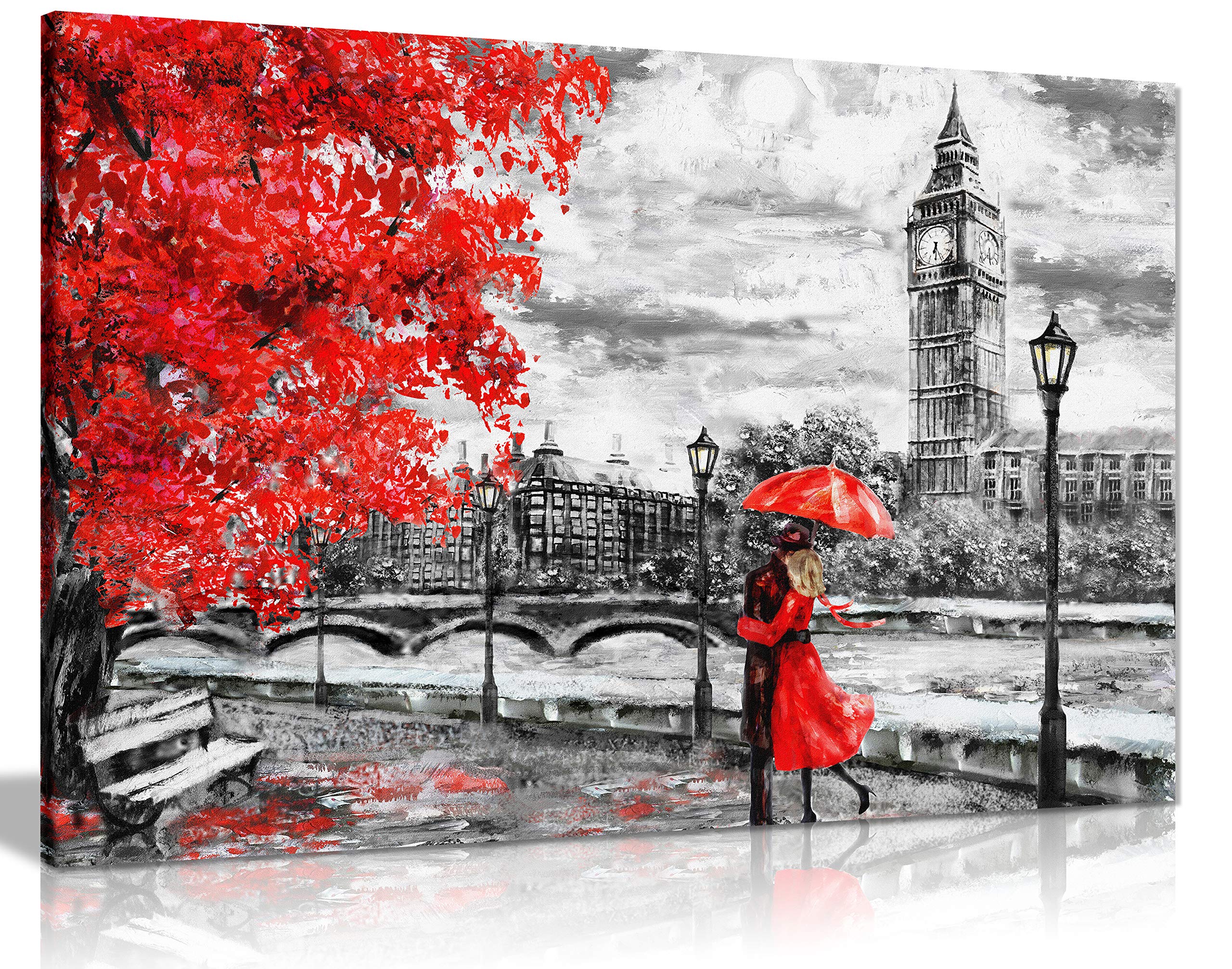 London Oil Painting Artwork - Big Ben & Red Umbrella Canvas Wall Art Print (36x24 inches) - Perfect for Living Room, Bedroom & Office Decor