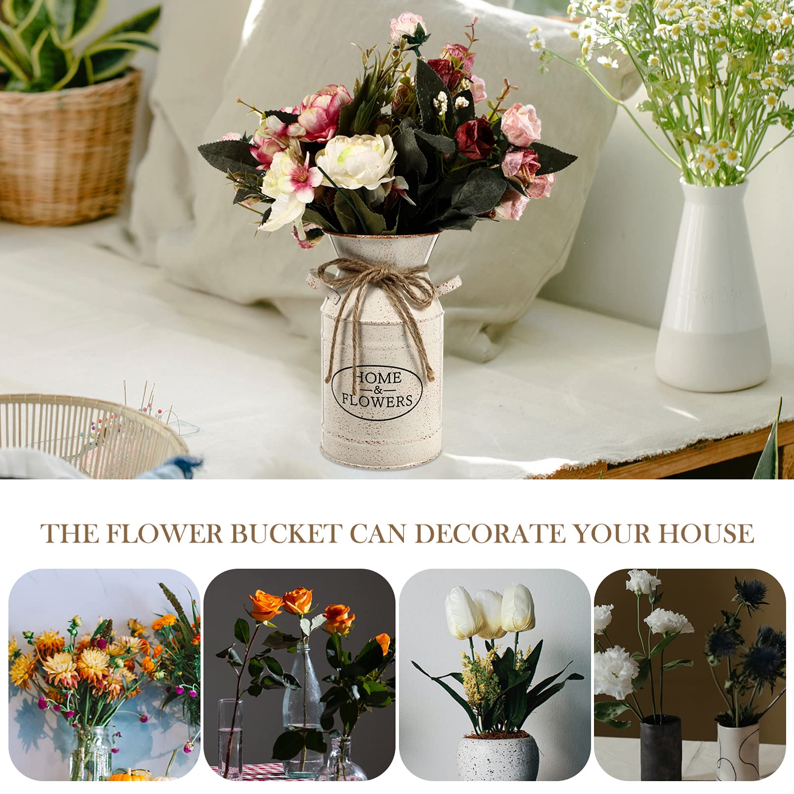 French Style Shabby Chic Galvanized Metal Flower Vase - Rustic Milk Can Pitcher for Farmhouse Decor, Wedding Centerpiece & Home Floral Arrangements (Beige)