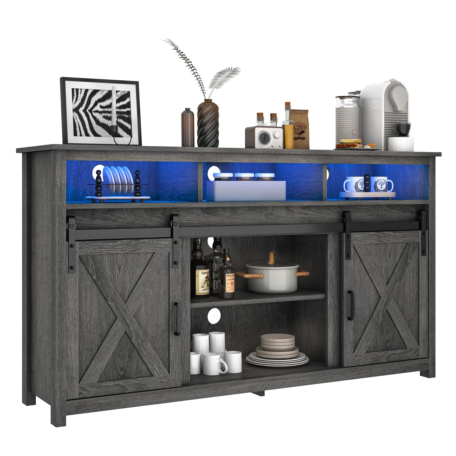 Farmhouse Coffee Bar Cabinet with Power Outlet - Rustic Sideboard Buffet Storage Cabinet with Shelves - Wooden Serving Table Cupboard for Dining Room & Living Room - Wash Grey Finish - Perfect for Coffee Stations, Home Bars & Kitchen Storage Organization