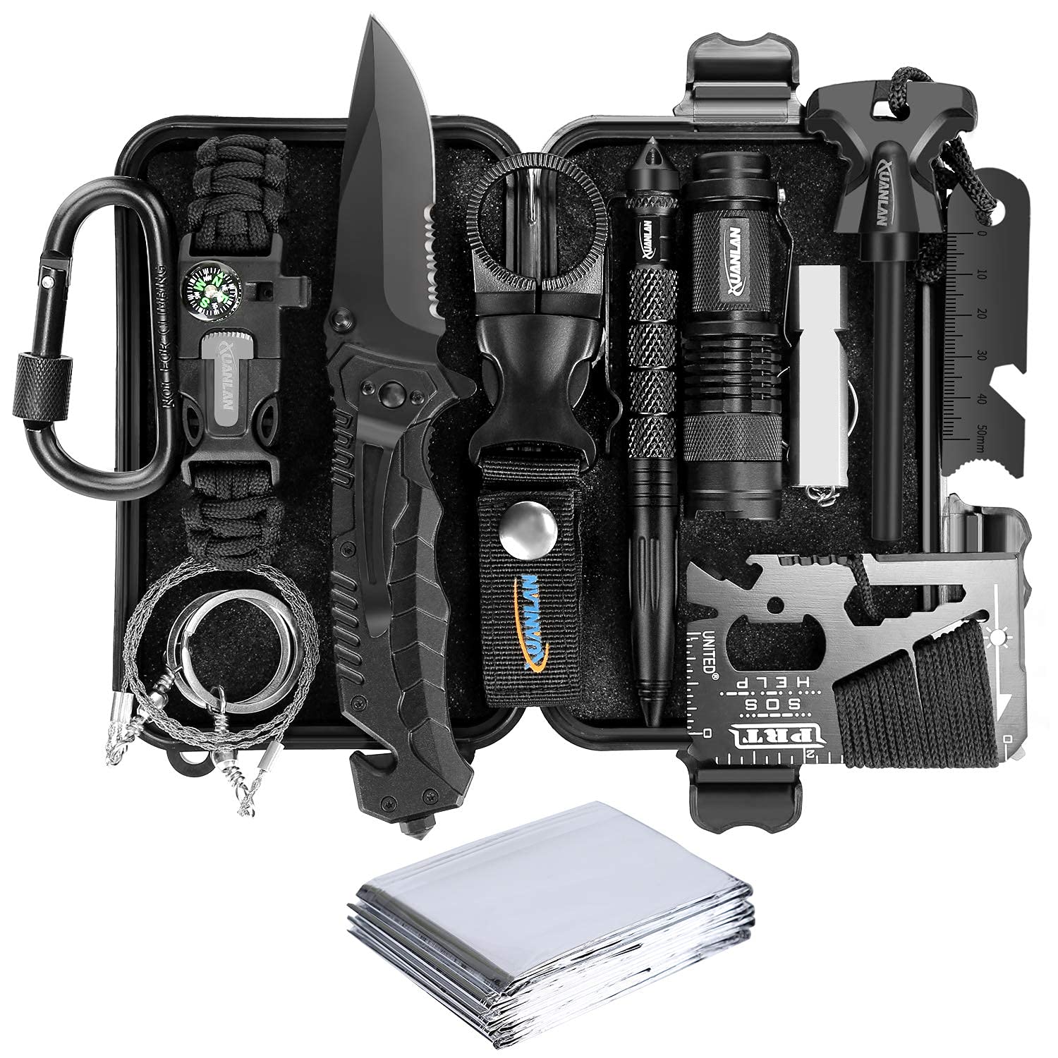 XUANLAN 13-in-1 Emergency Survival Kit - Outdoor Survival Gear with Fire Starter, Whistle, Wood Cutter, Water Bottle Clip & Pen - Perfect for Camping, Hiking, and Emergency Preparedness