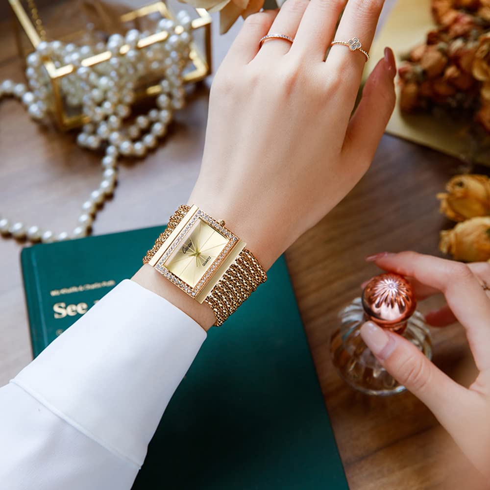 Gosasa Elegant Women's Watches - Fashion Tassel Bracelet Watch with Golden Diamond Accents, Square Face Quartz Watch for Women, Stainless Steel Wide Chain Band | Perfect for Office, Party & Everyday Wear