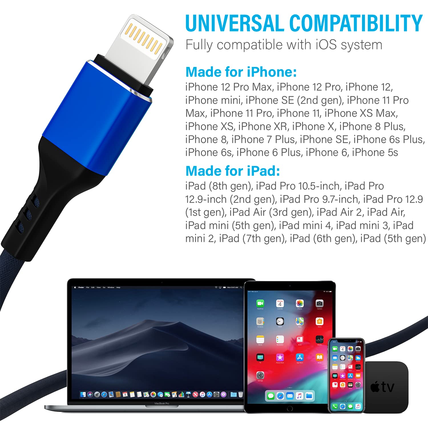 Ironten 50 Pack 6FT MFi Certified Lightning Cable - Fast Charging & High Speed Data Sync USB Cable for iPhone 14/13/12/11 Pro Max/Plus/XS MAX/XR/XS/X/8/7 Plus (Blue) - Perfect for Home, Office & Travel Charging Needs