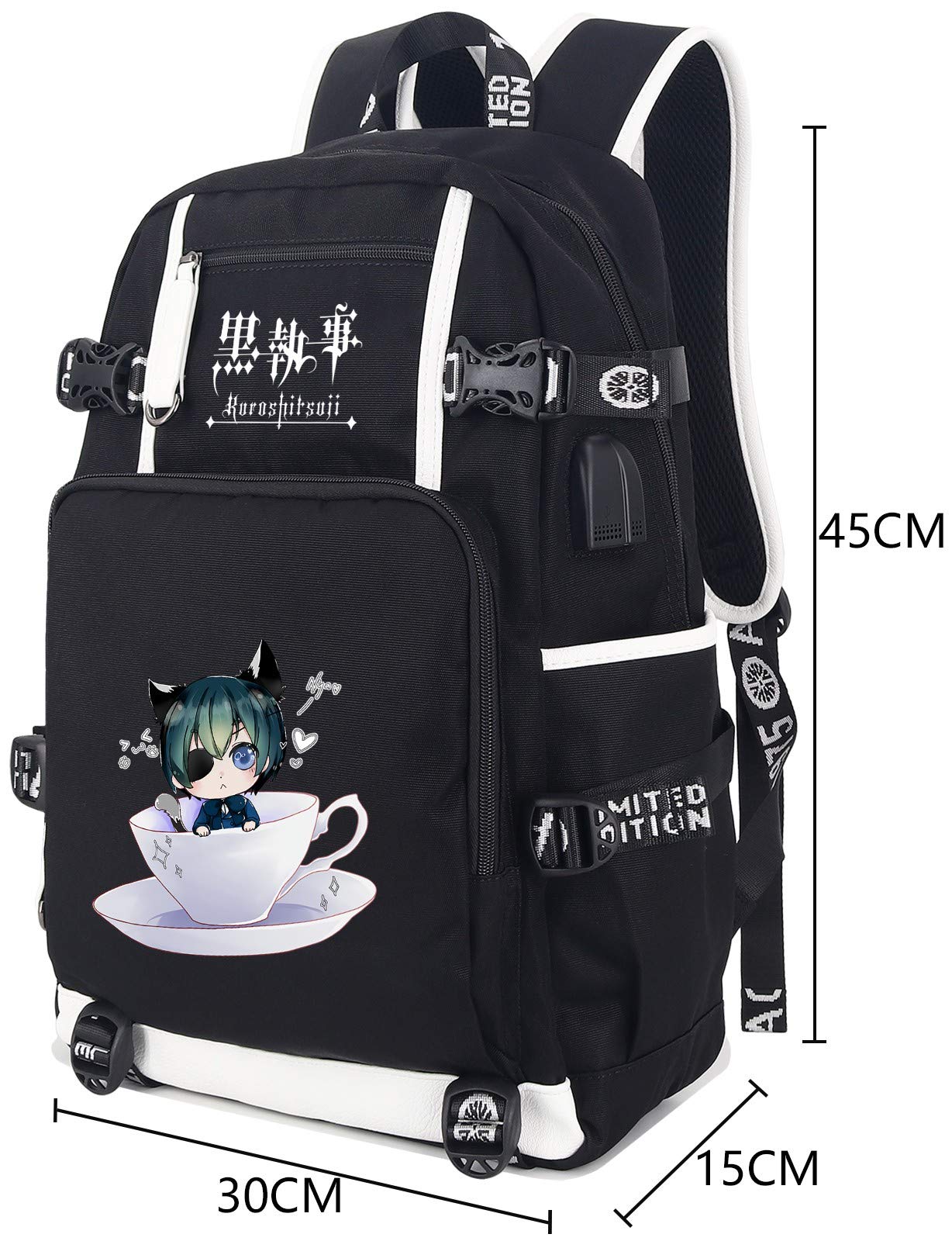 Roffatide Anime Black Butler Backpack - Stylish Laptop School Bag with USB Charging Port & Headphone Jack - Perfect for Cosplay, College & Travel