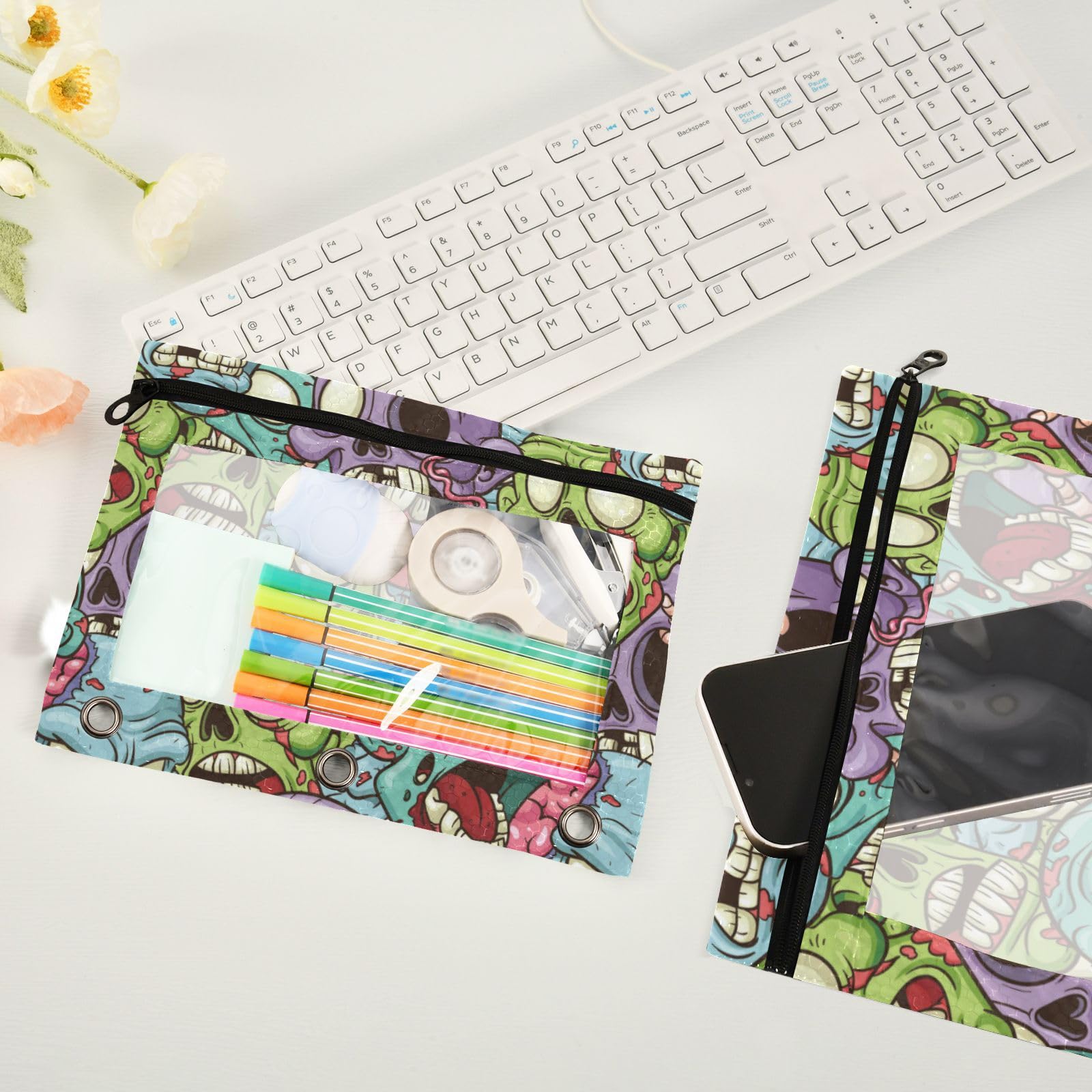 Wudan Colorful Yelling Zombie 3-Ring Binder Pencil Pouch 2-Pack - Clear Waterproof Plastic Pencil Case with Zipper for School, Office & Travel - Perfect for Organizing Pens, Cosmetics & Documents