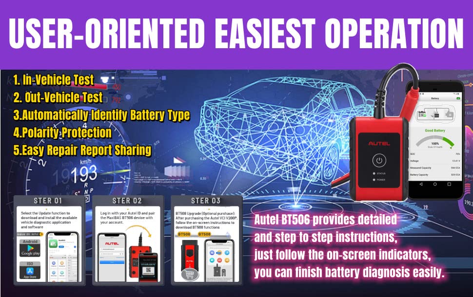 Autel MaxiBAS BT506 Bluetooth Battery Tester - Professional Automotive Battery Health Analyzer for Cold Cranking, Reserve Capacity & Electrical System Diagnosis | Compatible with iOS & Android via Free App | Works with BT508/BT608 | Perfect for Mechanics, DIY Car Maintenance & Fleet Management