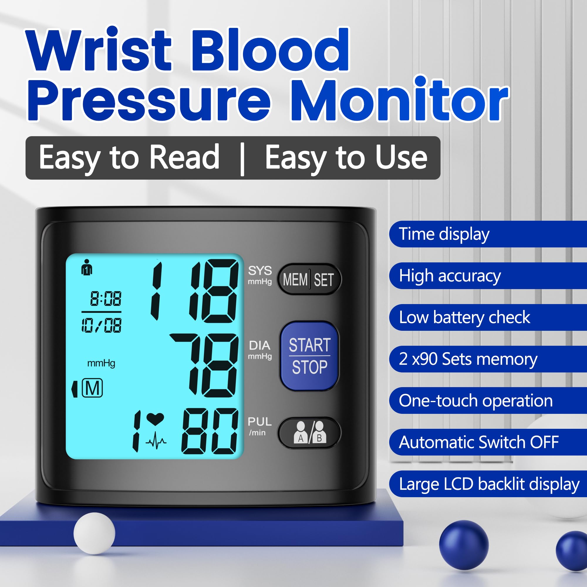 Automatic Wrist Blood Pressure Monitor with Backlit Display & Voice - Home Use