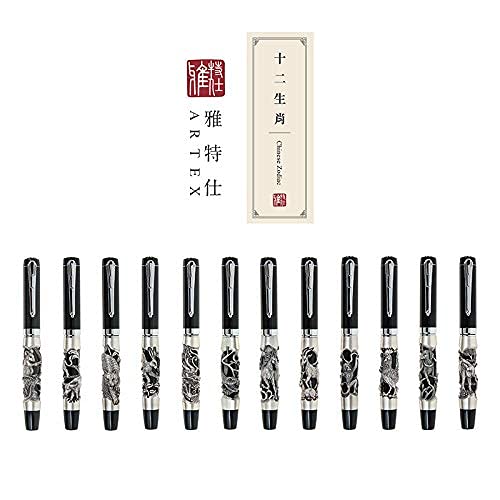 ARTEX Luxury Craft Fountain Pen with Germany Schmidt Nib - Relievo Zodiac Eastern Style Writing Instrument for Professionals & Executives - Metal Pen with Gift Box & Free Engraving (Ancient Silver Rat Design 14.2x1.6cm) - Perfect for Office Use, Business Gifts & Calligraphy Enthusiasts