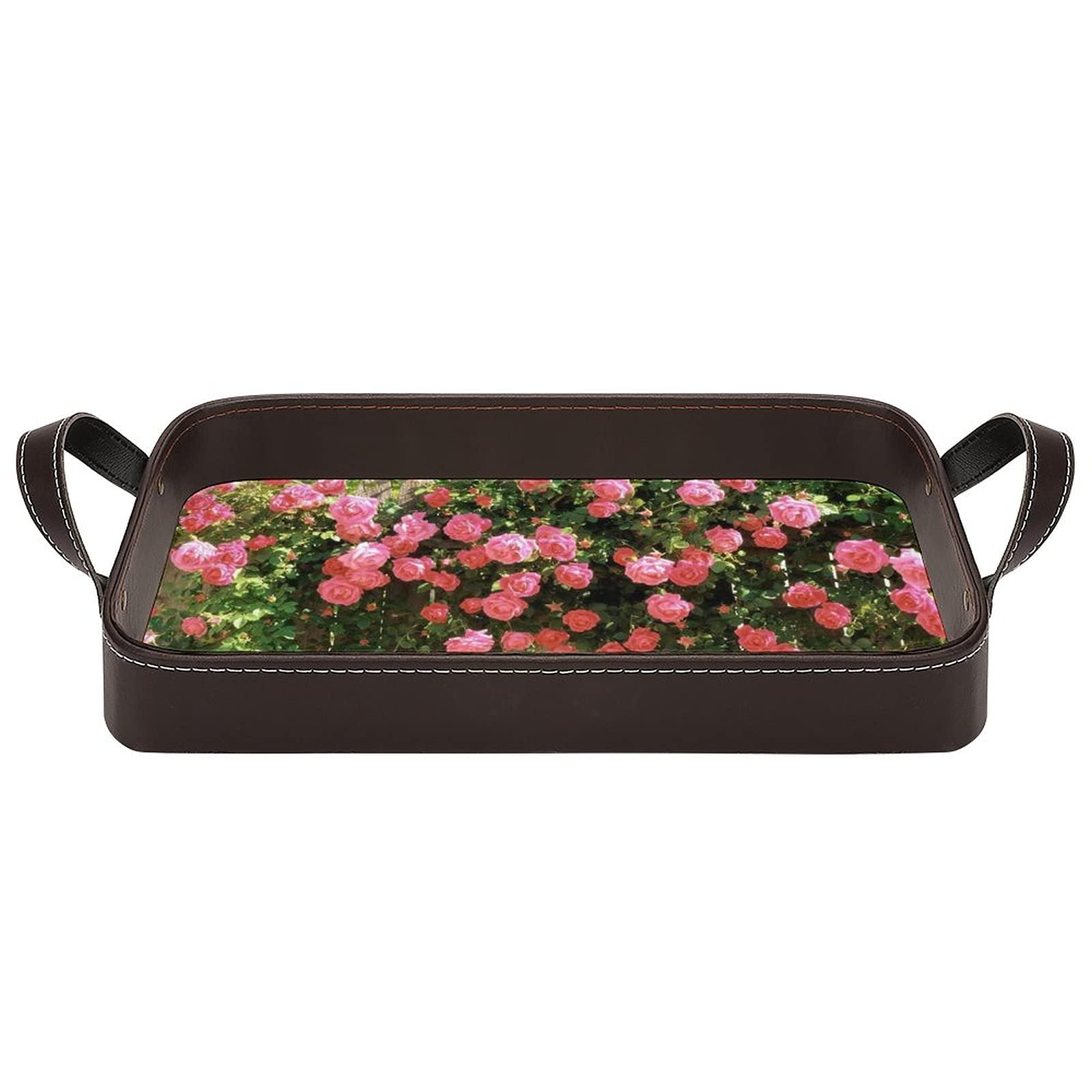 Premium Wooden Fence Rose Garden Vine Leather Rolling Tray - PU Leather Storage Tray for Herbs, Jewelry & Home Organization | Perfect for Smoking Accessories, Vanity Decor & Gift Giving