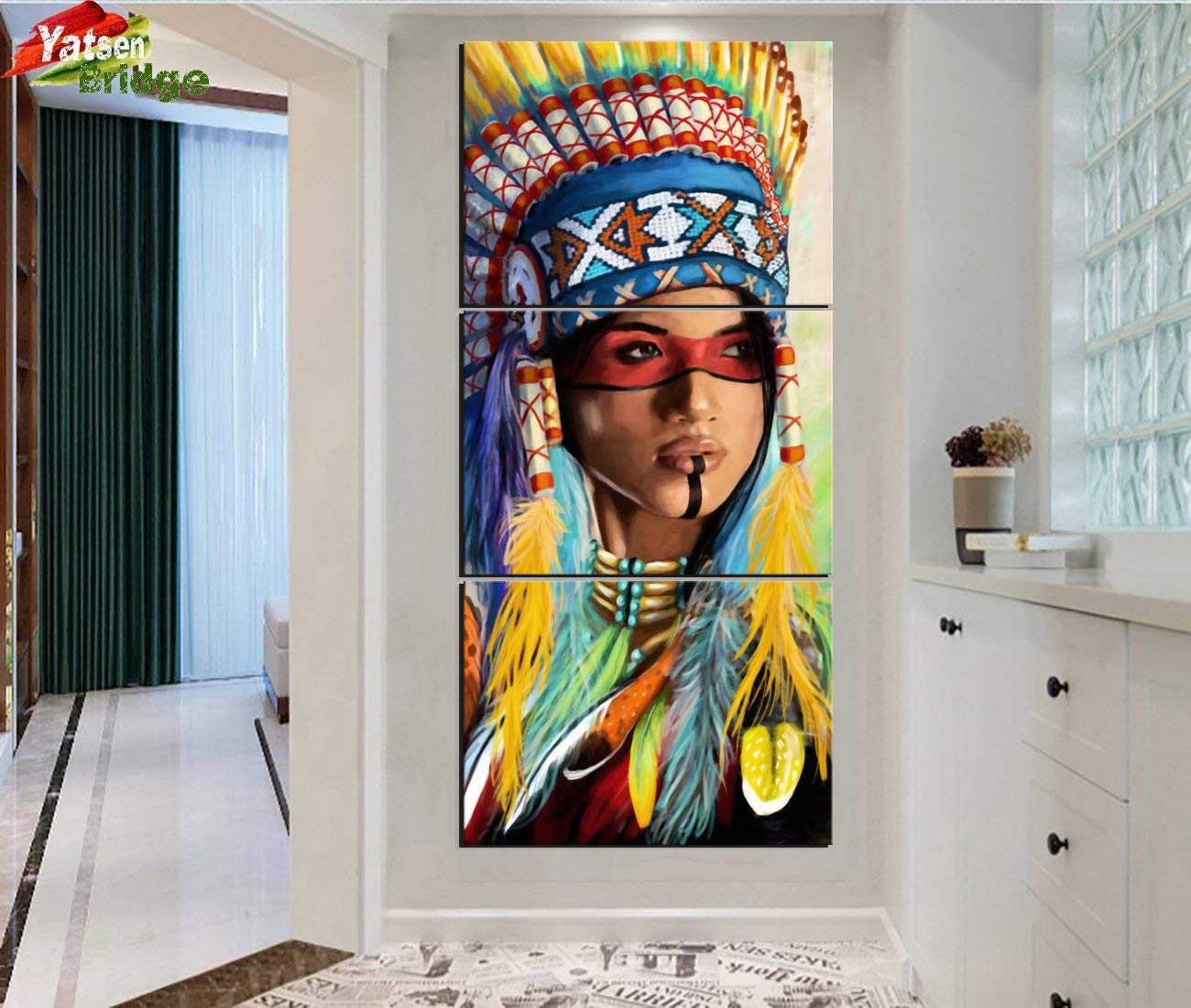 Native American Girl Canvas Wall Art - 3-Piece Framed Painting for Living Room Decor