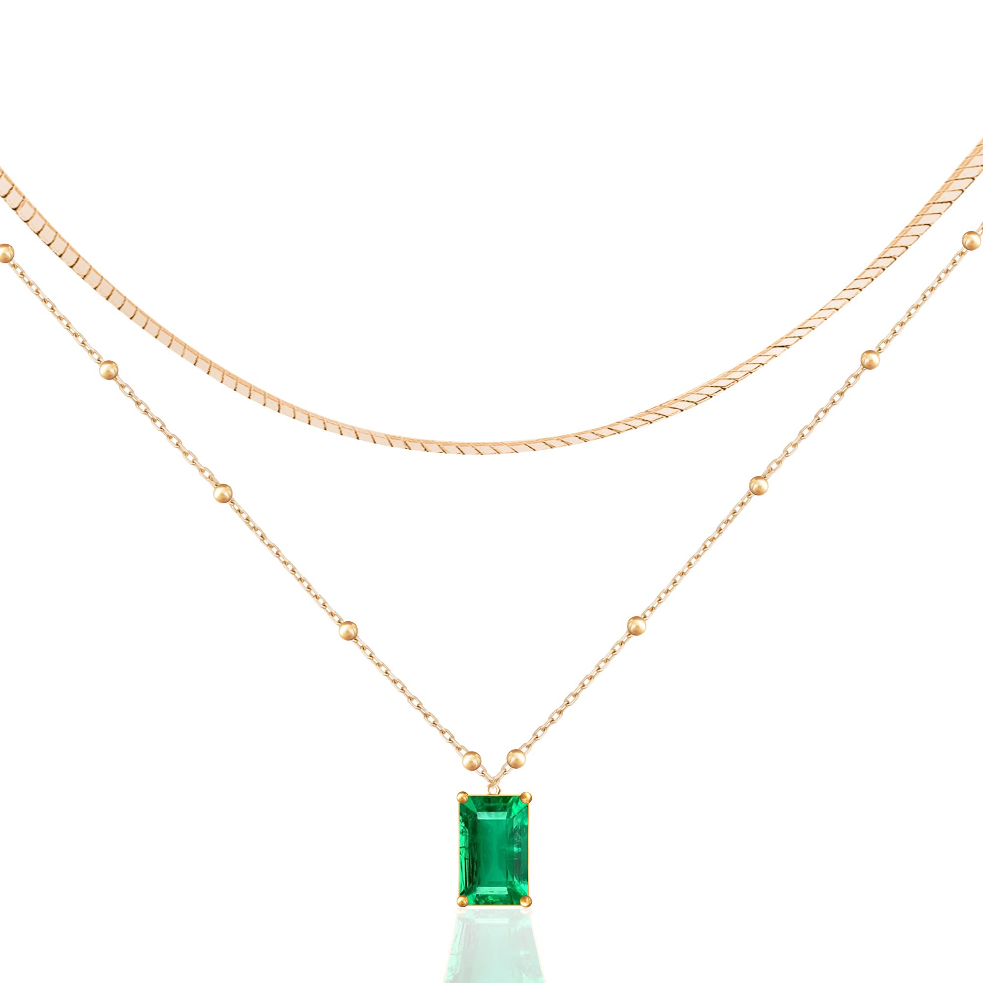 14K Gold Plated Emerald Rectangle Pendant Necklace for Women - Dark Green Layered Choker Jewelry, Perfect for Christmas Gifts, Date Nights & Layering Outfits