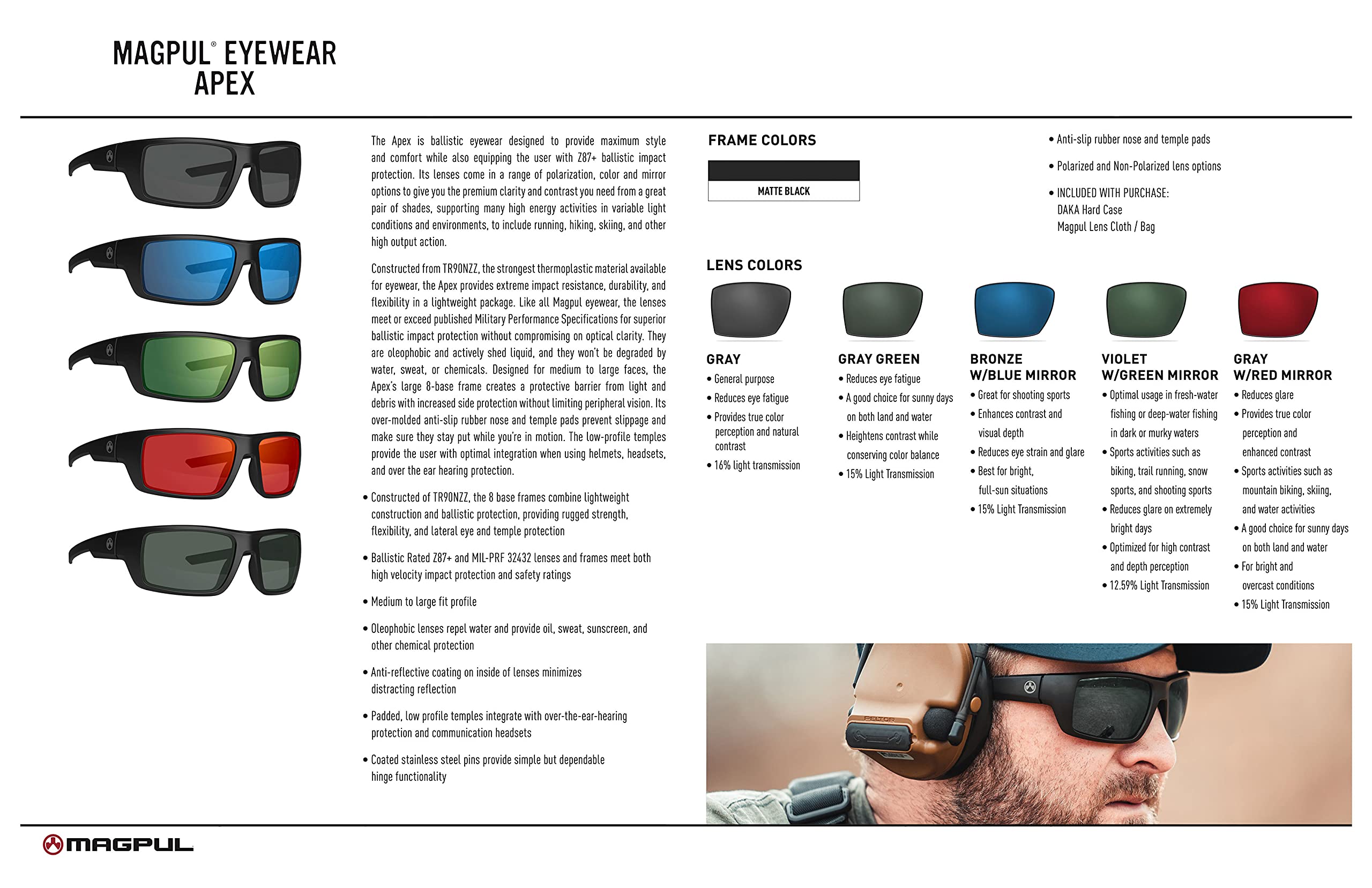 Magpul Apex Tactical Sunglasses for Men - Ballistic Shooting Glasses with Rectangular Frame - Perfect for Outdoor Sports, Hunting & Range Shooting