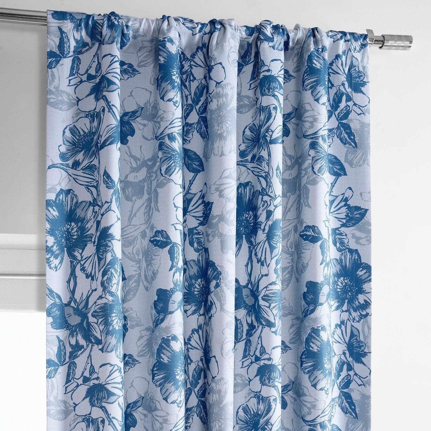 Blue Poppy Floral Printed Faux Linen Blackout Curtains for Bedroom & Living Room - Light Blocking Window Drapes for Home Decor