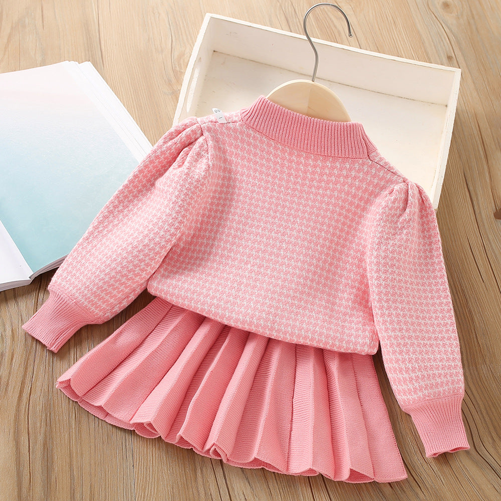 Elegant Bow Knitted Long Sleeve Princess Sweater Two-Piece Set for Girls | Winter Outfit for Parties & Family Photos