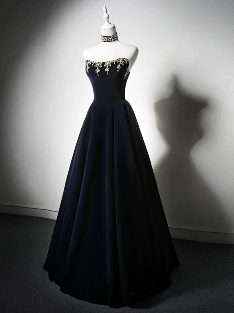 Elegant Dark Blue Velvet A-Line Prom Dress with Beaded Details - Perfect for Homecoming, Evening Gala & Formal Events