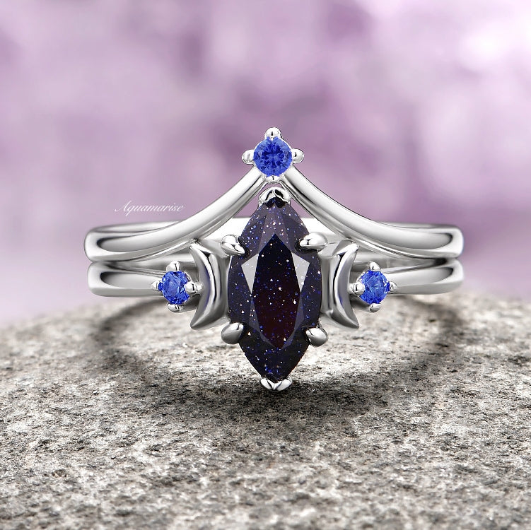 14K White Gold Lunar Starlight Sandstone Ring Set - Starry Night Sky Inspired Jewelry for Women, Perfect for Evening Parties, Date Nights & Special Occasions