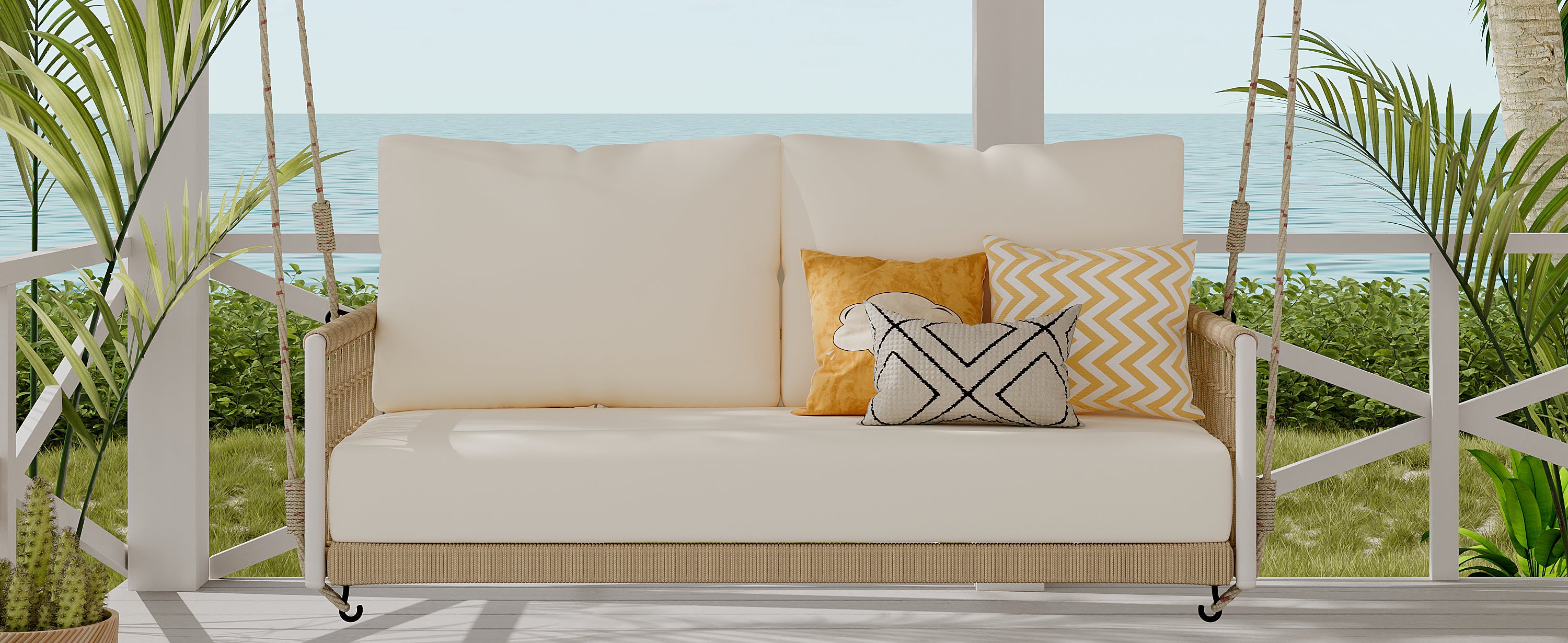 1 Piece Woven Rope Outdoor Swing Sofa with Soft Cushions - Seats 2 People - Perfect for Patio, Garden, Backyard, Balcony & Poolside Relaxation (Beige)
