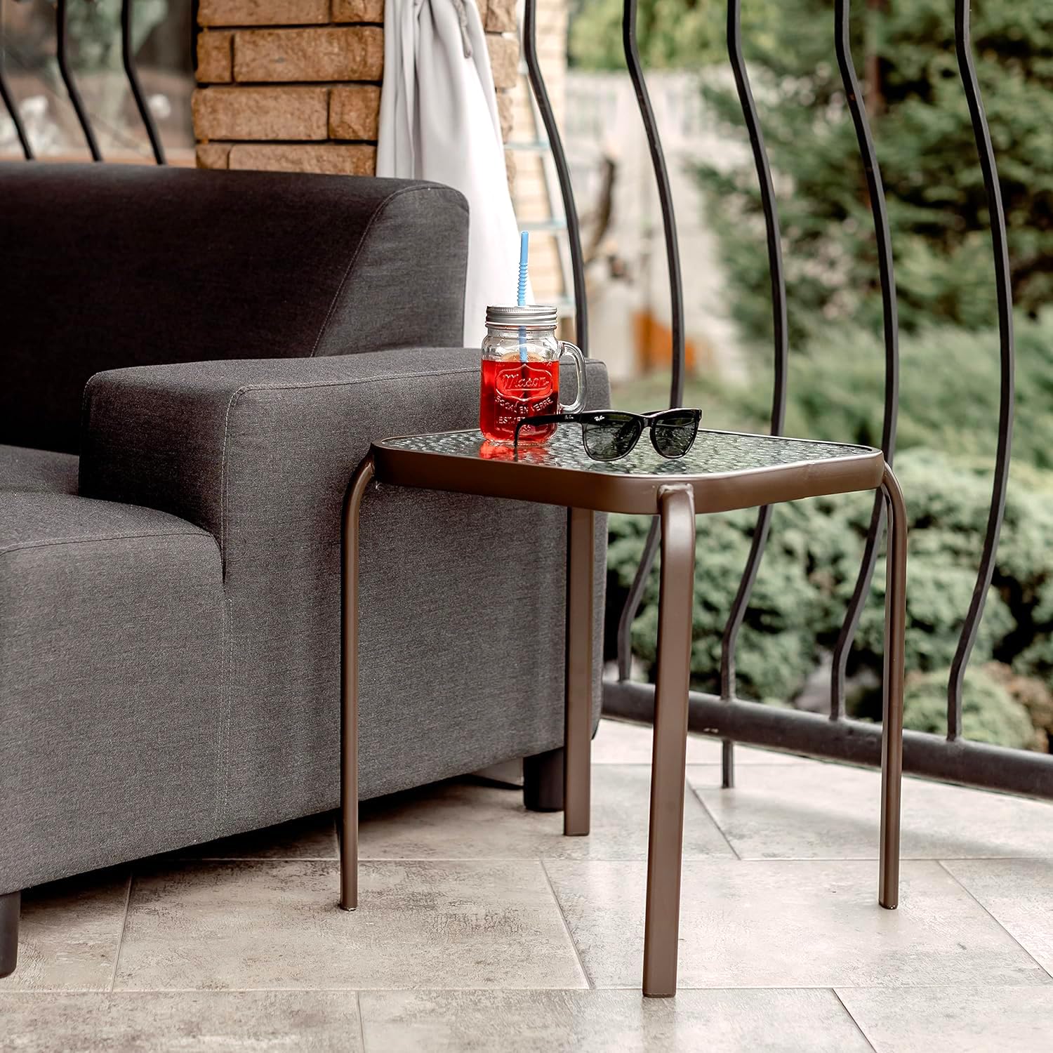 Bronze Metal Outdoor Side Table with Tempered Glass Top - Set of 2 Small 16