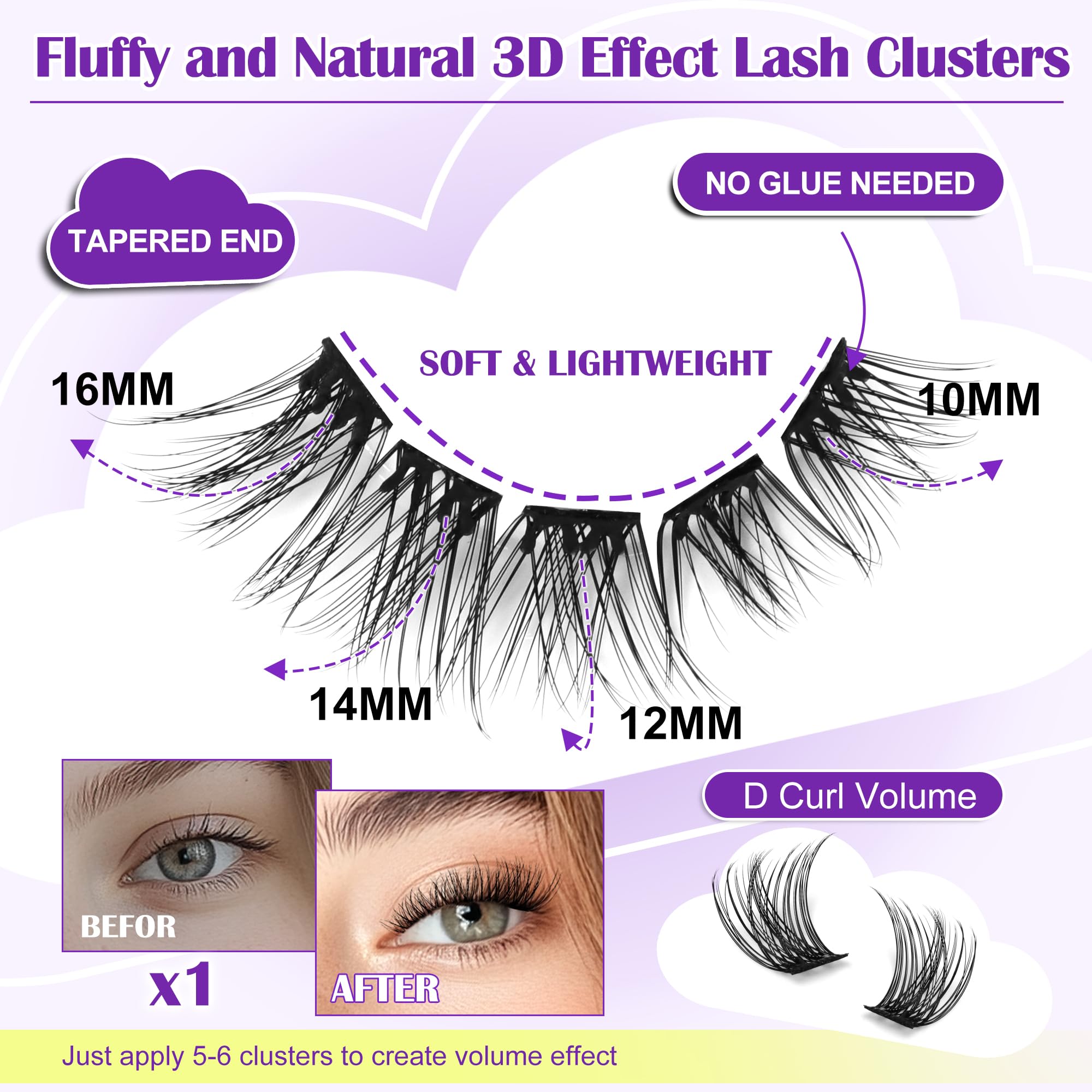JoMay Self-Adhesive Eyelash Extension Kit - 48 PCS Pre-Glued Cluster Lashes, D Curl No Glue Needed, 10-16mm Wispy Lashes for Natural Look - Perfect for DIY Lash Extensions at Home, Parties & Special Occasions