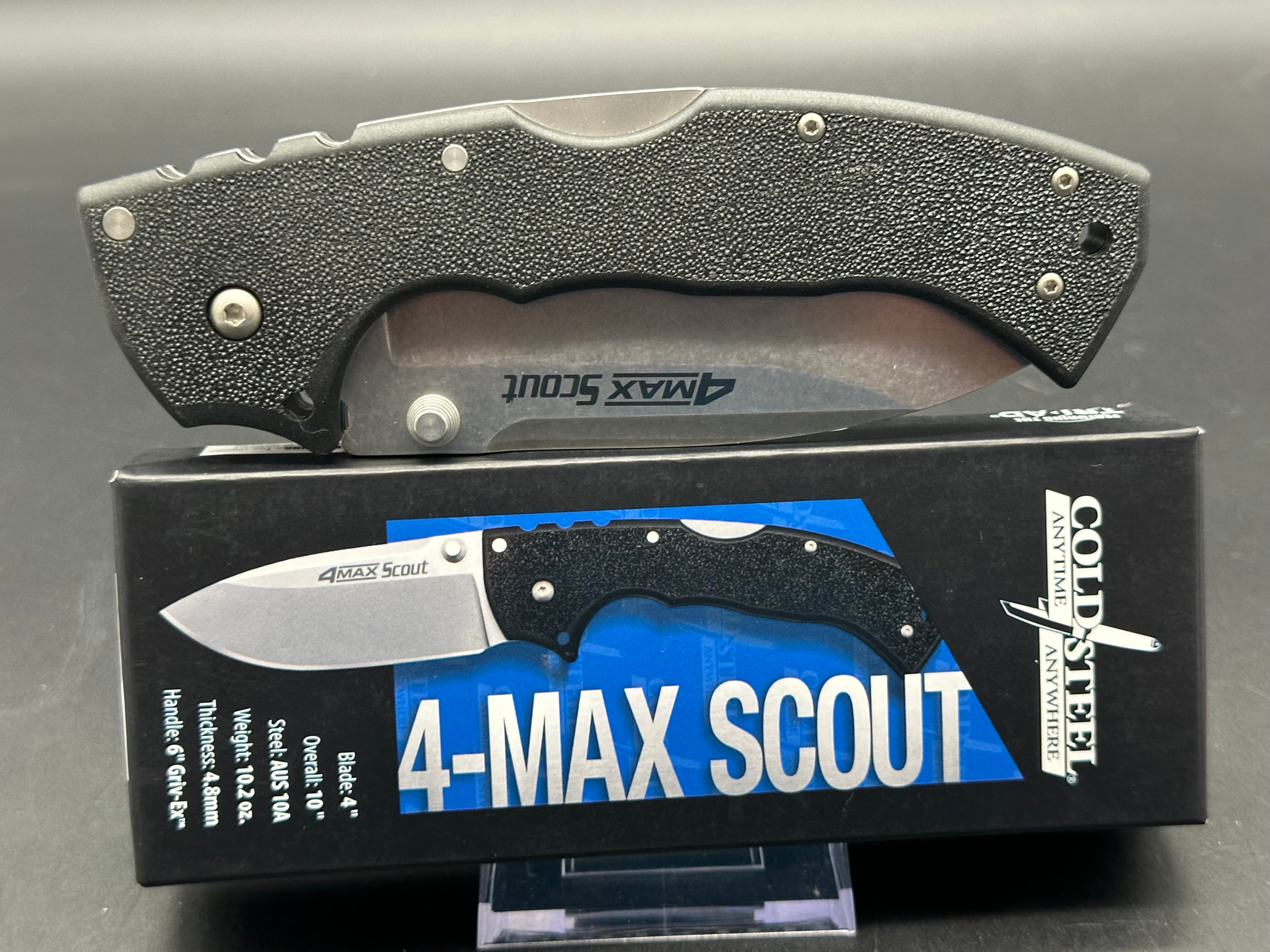 Cold Steel 4 Max Scout Tri-Ad Lock Folding Knife - Black Griv-Ex Handle, Stonewashed Blade - Outdoor Survival, Camping, Hunting, EDC Gear