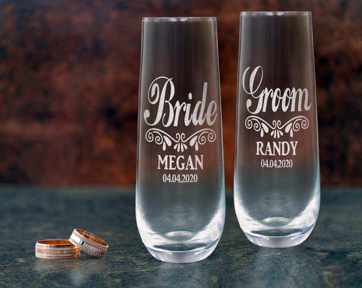Personalized Wedding Champagne Glasses Set of 2 - Custom Engraved Stemless Flutes for Bride & Groom, Bridal Shower, Anniversary Gifts (55th Year) - Perfect for Wedding Toasts, Romantic Dinners & Anniversary Celebrations