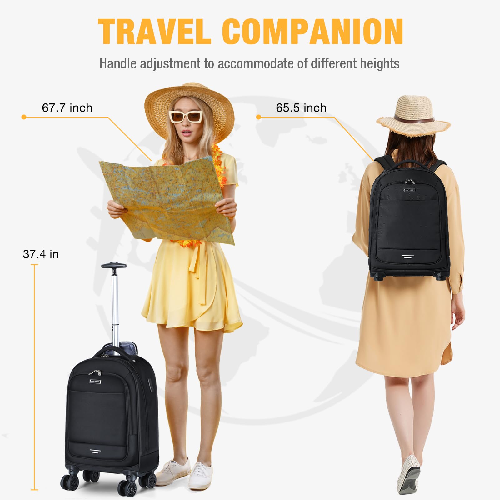 17 Inch Rolling Backpack with 4 Spinner Wheels - Water Resistant Wheeled Laptop Backpack for Travel, College & Work | Carry-On Approved for Overnight Trips | Perfect for Women & Men (Black)
