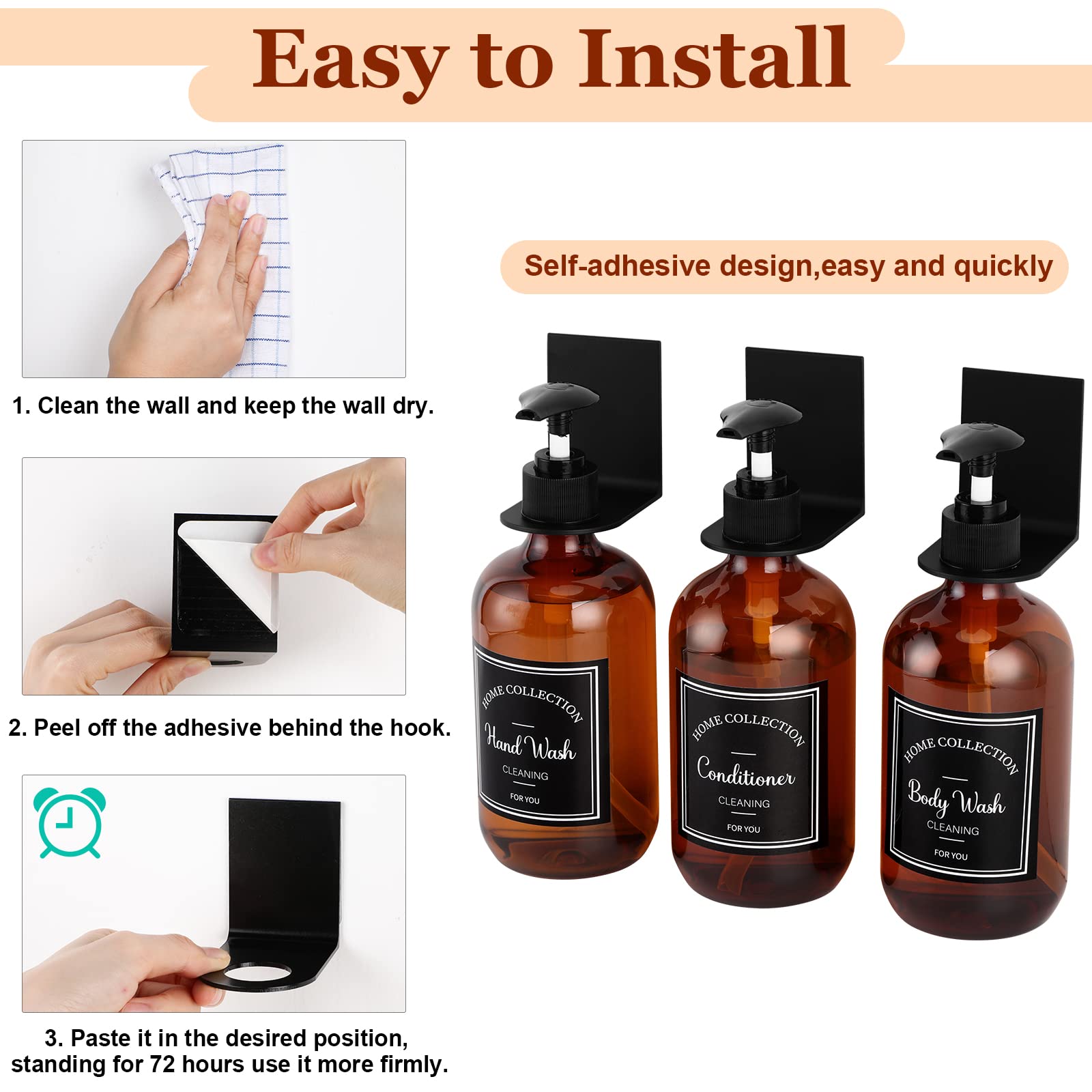 3-Chamber Refillable Shampoo Dispenser for Shower Wall - 17oz No-Drill Bathroom Organizer with 3 Hook Brackets & 6 Label Stickers (Brown) - Perfect for Bathroom, Gym, Spa, and RV Shower Organization