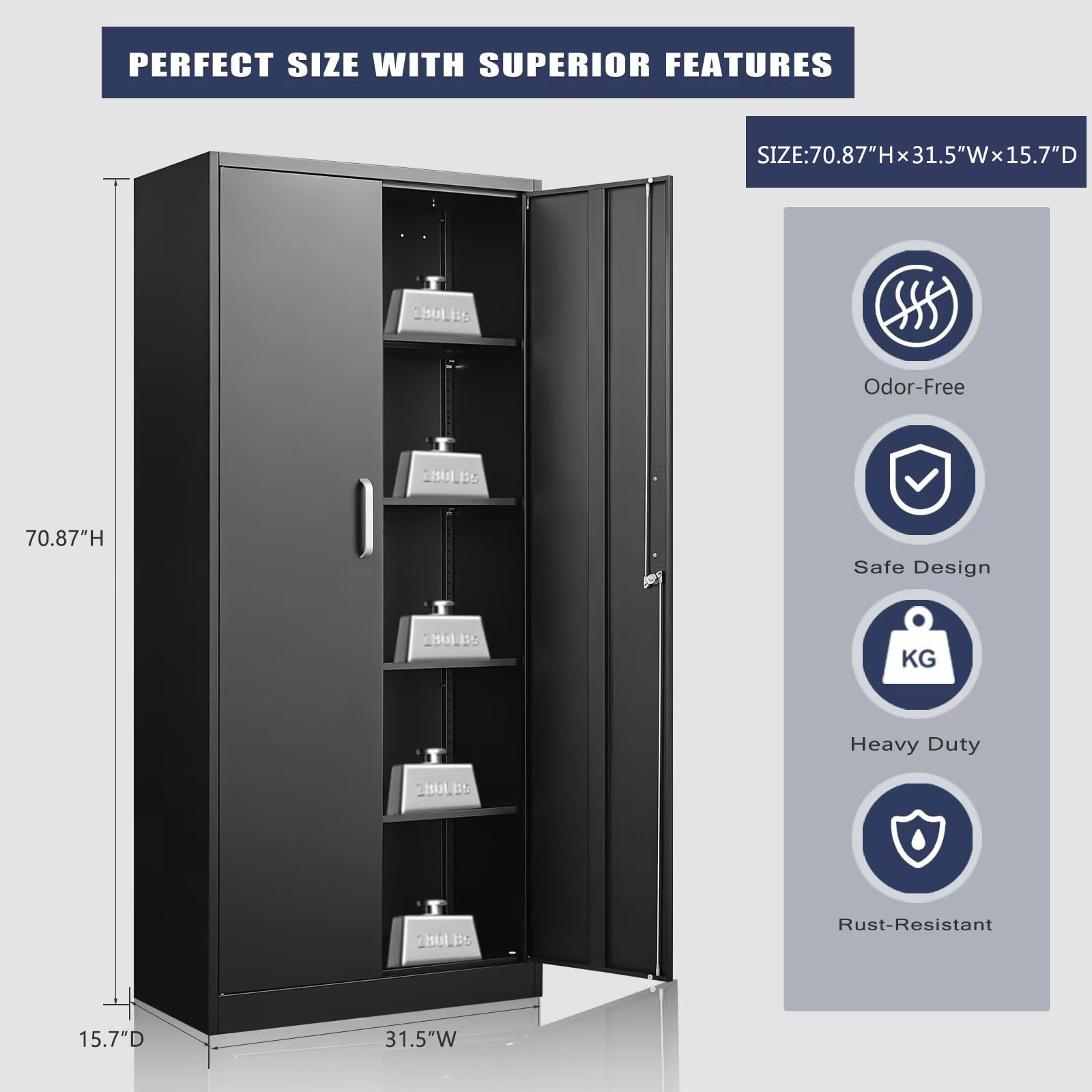 Metal Garage Storage Cabinet with Adjustable Shelves & Doors - 71